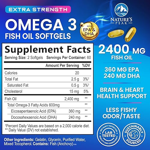 Miniatura 2 de Suplemento de aceite de pescado Omega 3 de 2400 mg, de origen sostenible, cápsulas blandas de suplemento omega-3 de triple fuerza, apoyo para la