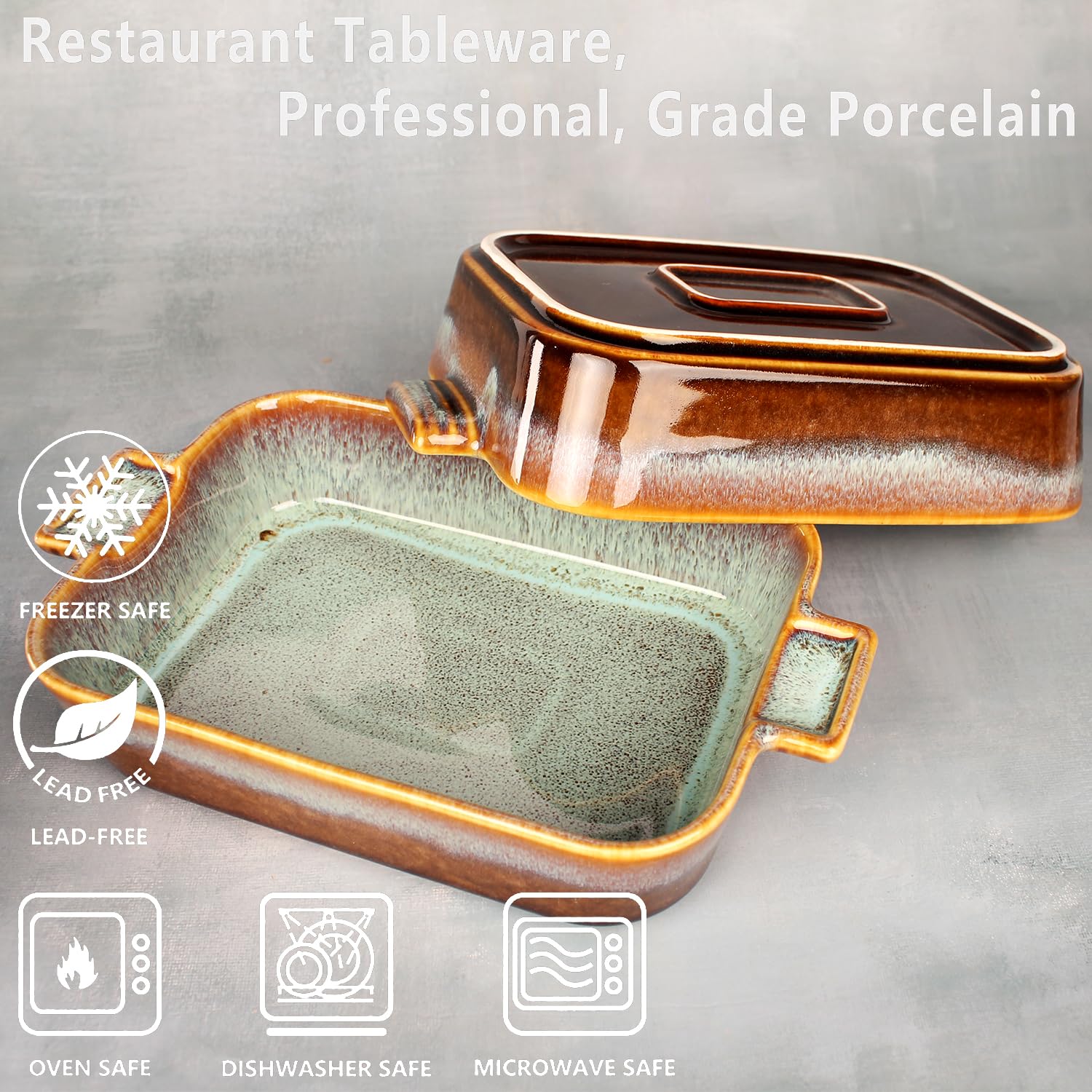 Cacerola de cerámica para gratinar, sartén grande para lasaña profunda para horno, bandeja para hornear con asas, apta para horno, microondas, congelador y lavavajillas, gran regalo