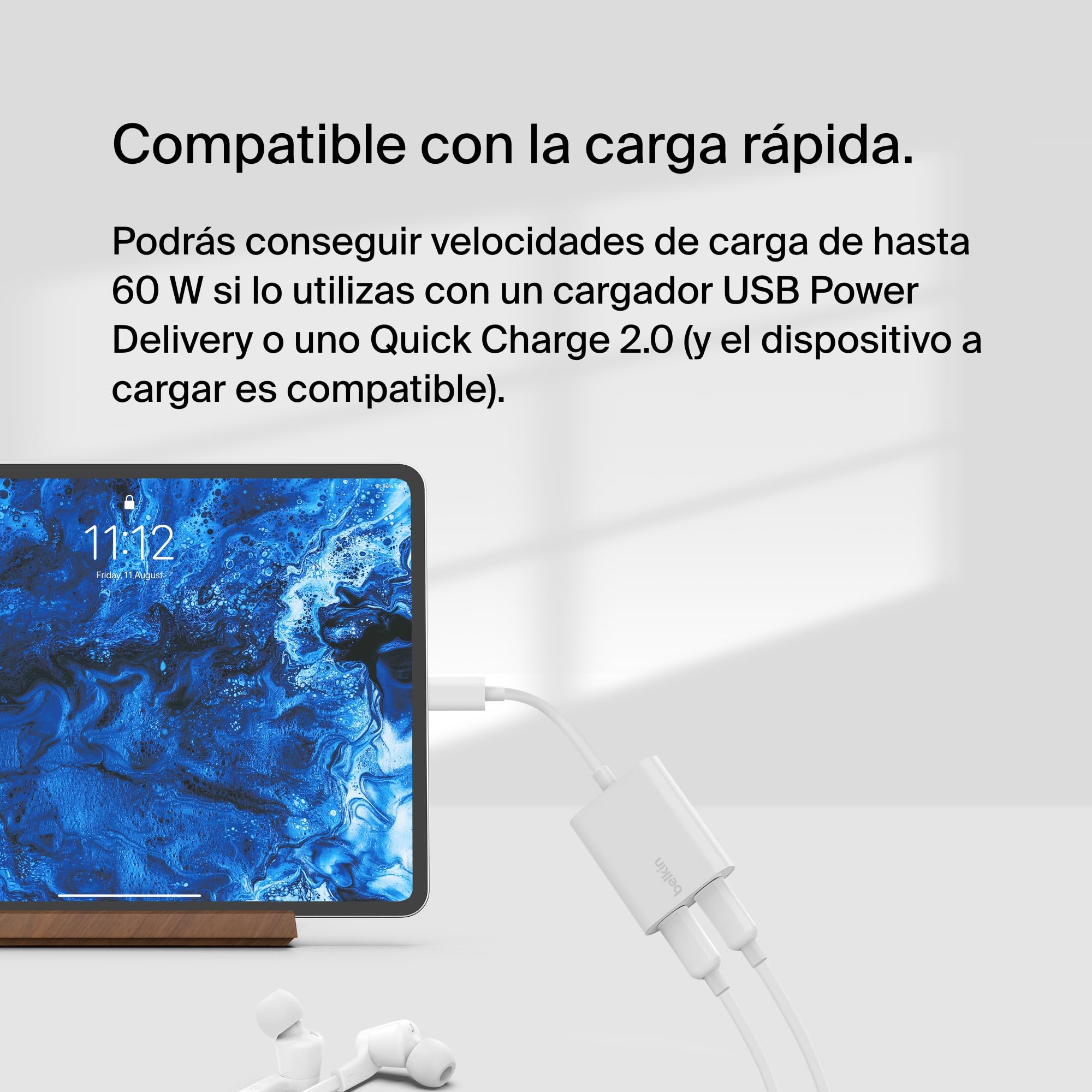 Belkin adaptador USB C RockStar de audio + carga USB-C, convertidor para cascos con carga rápida USB-C Power Delivery de 60 W, iPhone 16, iPad Pro, Galaxy, Note, Google Pixel, LG, Sony y otros, blanco