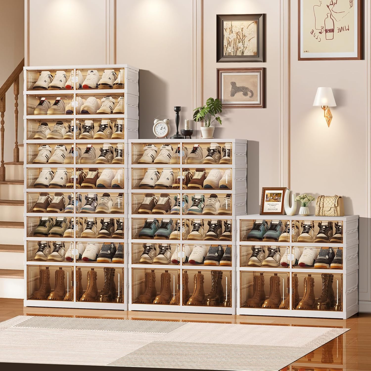 9-Tier Foldable Shoe Rack Organizer for Closet, 27 Pairs Collapsible Plastic Shoe Shelf, Large Shoes Cabinet with Door, Clear Stackable Storage Box Easy Assembly White