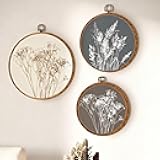 Fiwochic 3 Pcs Round Beige Wall Decor Boho Vintage Flowers Wall Artwork Spring Floral House Artwork Flowers Painting Canva Print Framed Art Farmhouse Nature Hanging Boho Decor for Bedroom