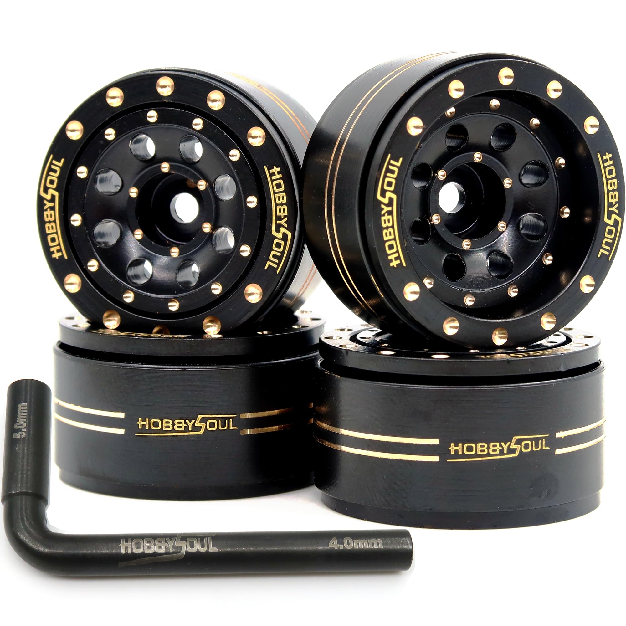 HOBBYSOUL Adjustable Offset Brass 1.0 Beadlock Wheels Rims 44g/rim, deep dish 1.0 Wheels Black Color for RC 1/18 TRX4M Axial SCX24 90081 & Other 1/24 Micro Crawler, (4-Pack)