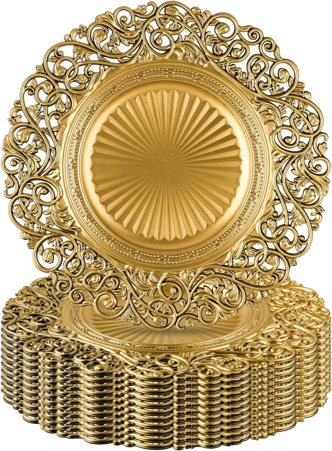 Gold Charger Plates Set of 12, 13" Gold Chargers for Dinner Plates, Round Plastic Hollowed Out Flowers Serving Plates for Table Setting, Catering, Wedding, Party Decorative