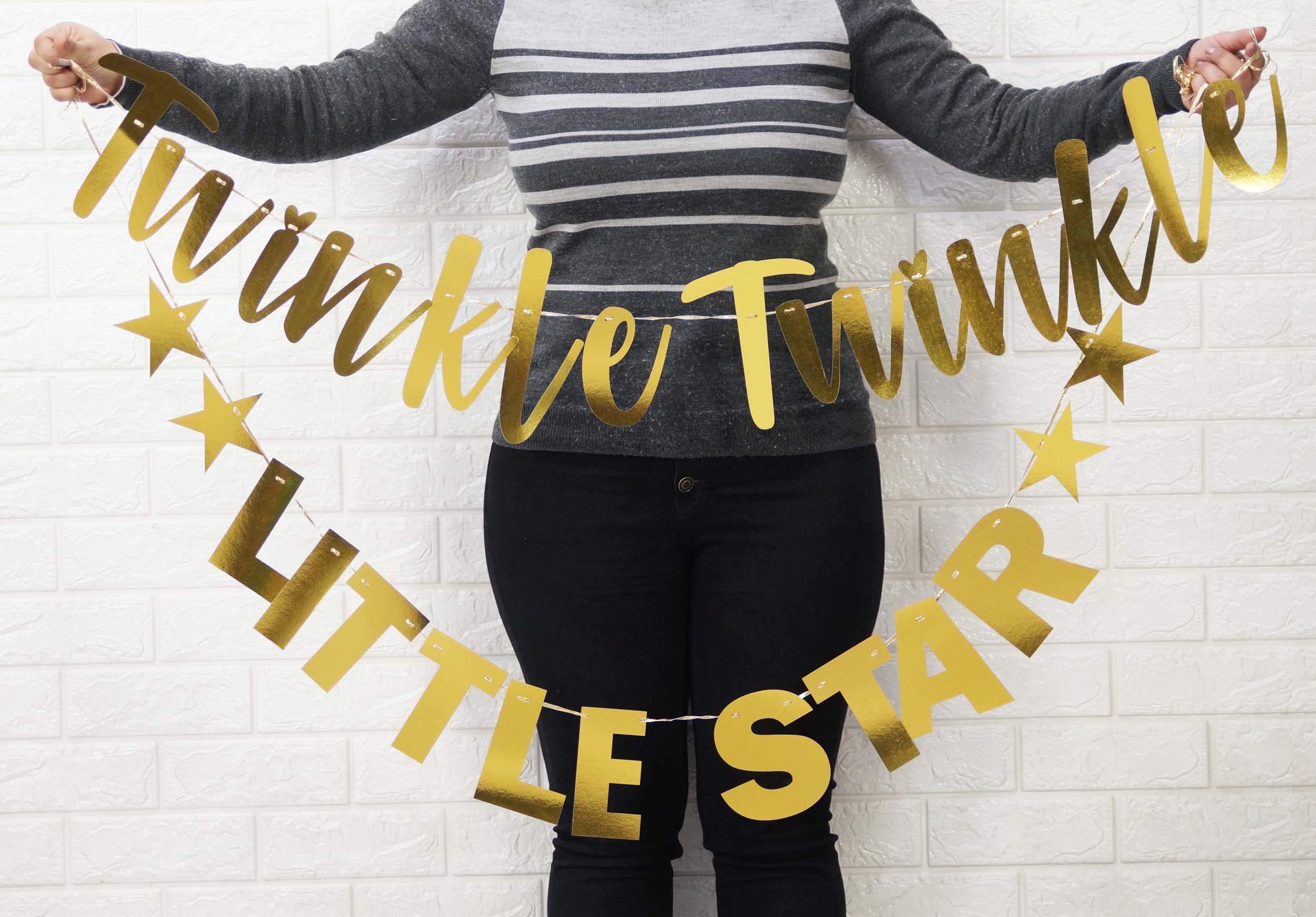 Inkdotpot Twinkle Twinkle Little Star Pre-Assembled Cursive Bunting Flags Metallic Gold Baby Shower Decor Gender Reveal Bunting Banner - Image 2