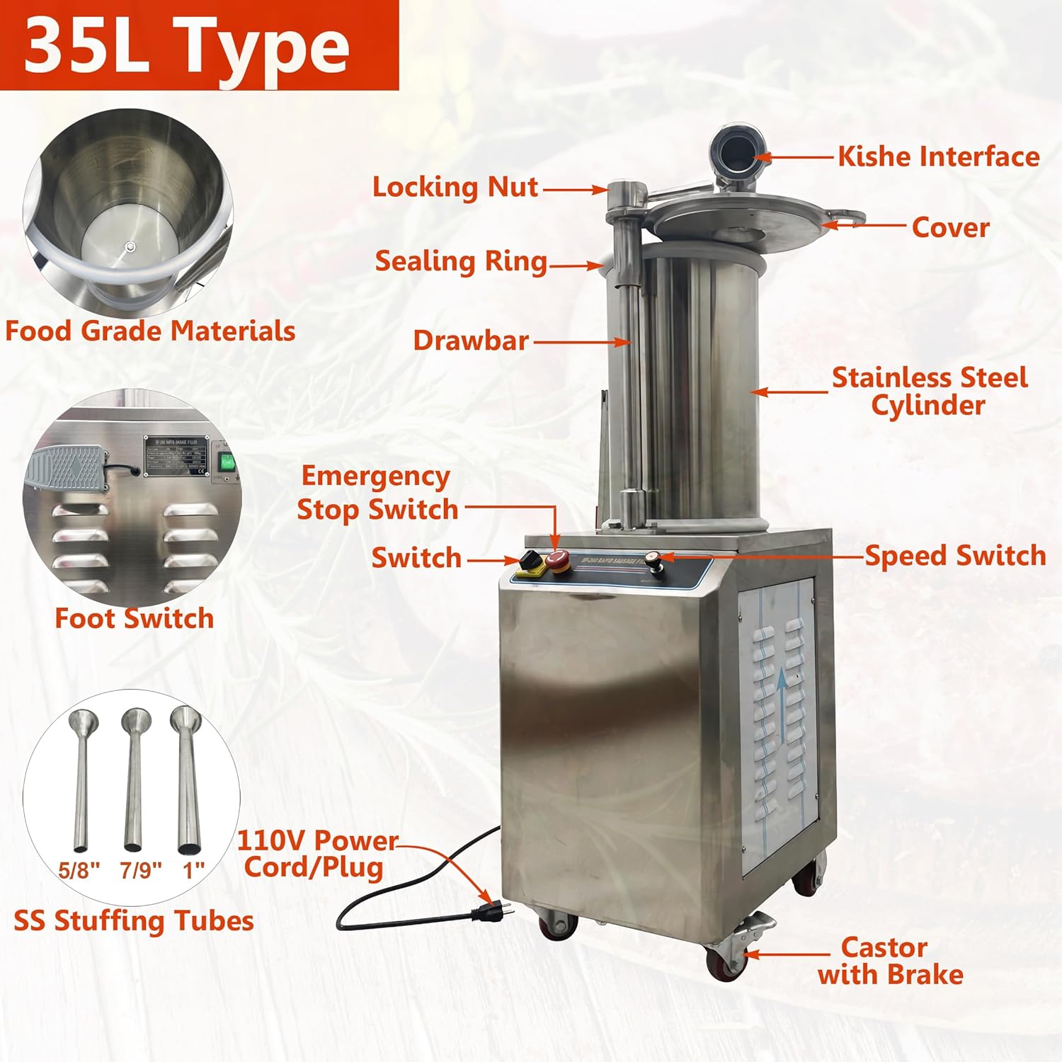 INTSUPERMAI 35L Hydraulic Pressure Sausage Maker Machine for Commercial and Home Use - 110V 1100W, 3 Stuffing Tubes, and Easy Operation - Perfect for Salami, Sausages, and More