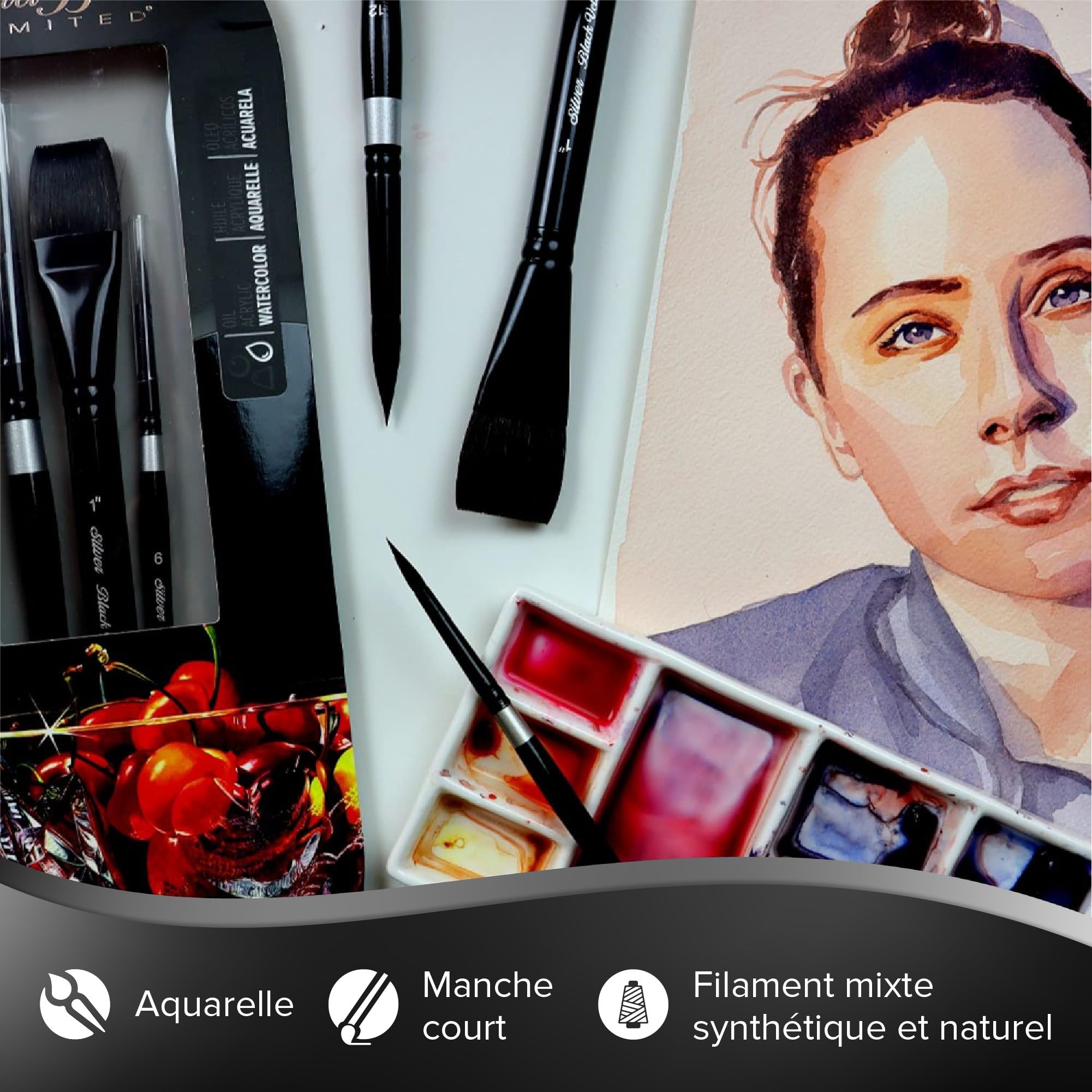 Silver Brush Limited - Assortiment de 3 pinceaux pour l’Aquarelle WC-3201S Black Velvet - Pinceau Rond Tailles 6 et 12, et Pinceau Plat Taille 1