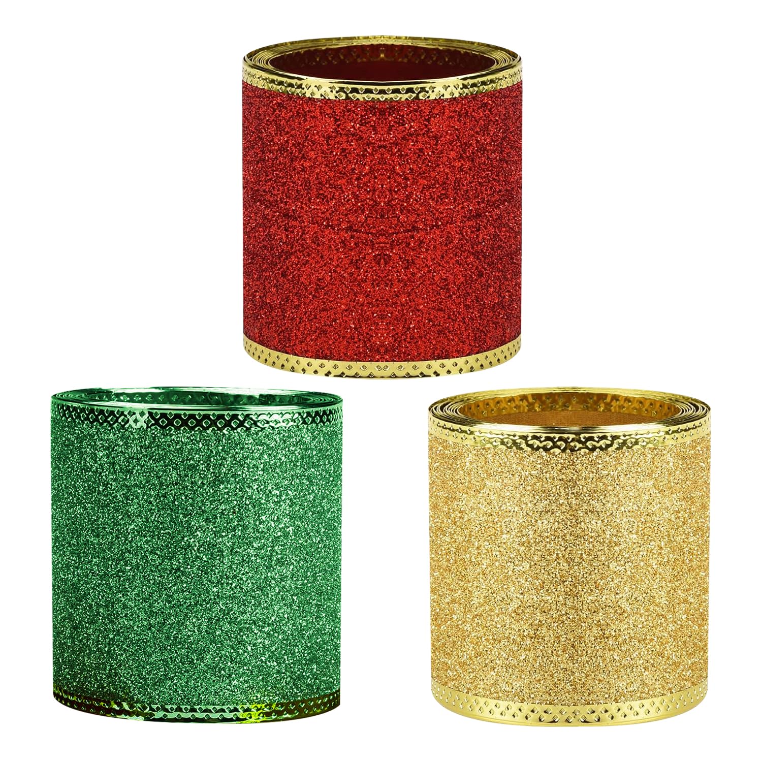 RmKbe 3 Rolls Christmas Glitter Ribbon Sparkly Fabric Gorgeous Ribbon Wide Wired Edge Ribbon Glitter Wrapping Ribbons for Christmas Tree Bows Festival Party Decorations (6.3cm*6m)