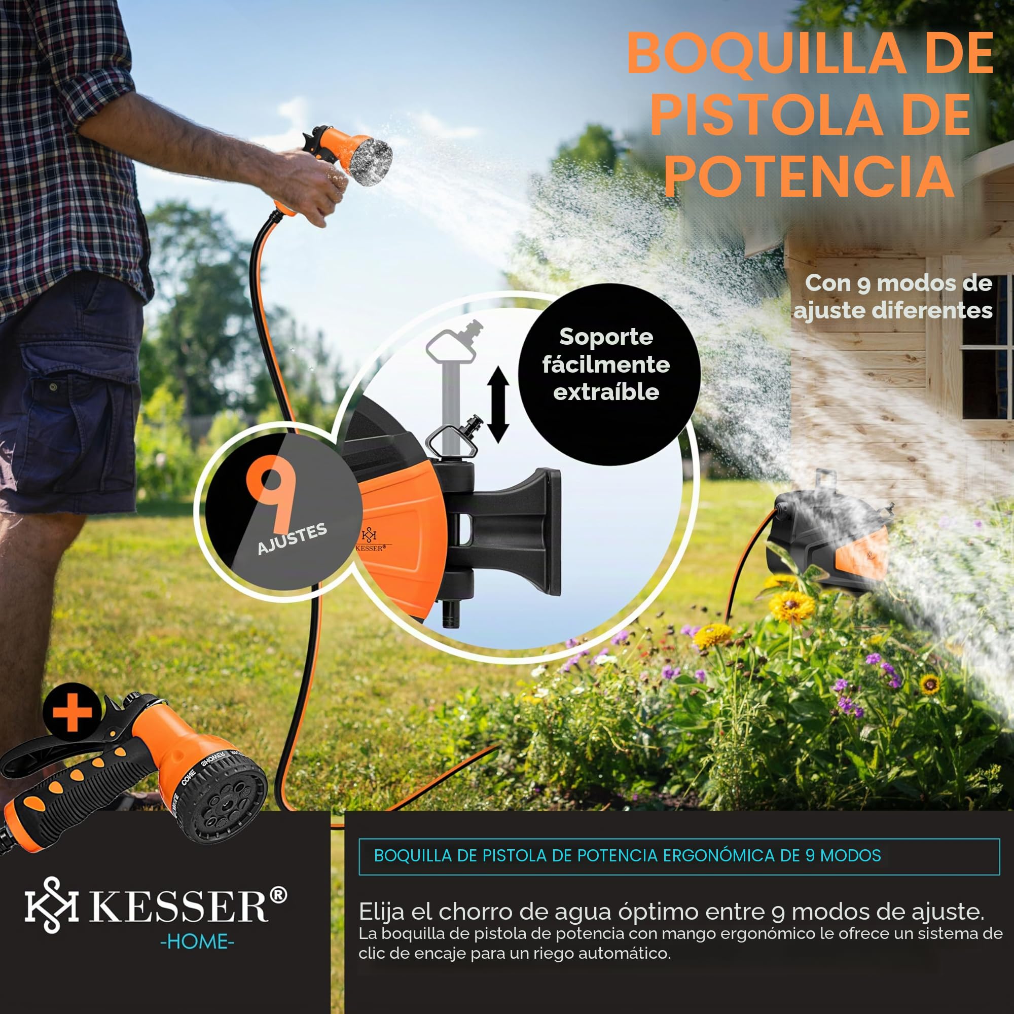KESSER® Enrollador de mangueras Agua | Ducha de mano múltiple | Giratorio 180° | Tapón de rebobinado | Montaje en la pared | Caja de mangueras de pared | Manguera de jardín, naranja 15 M