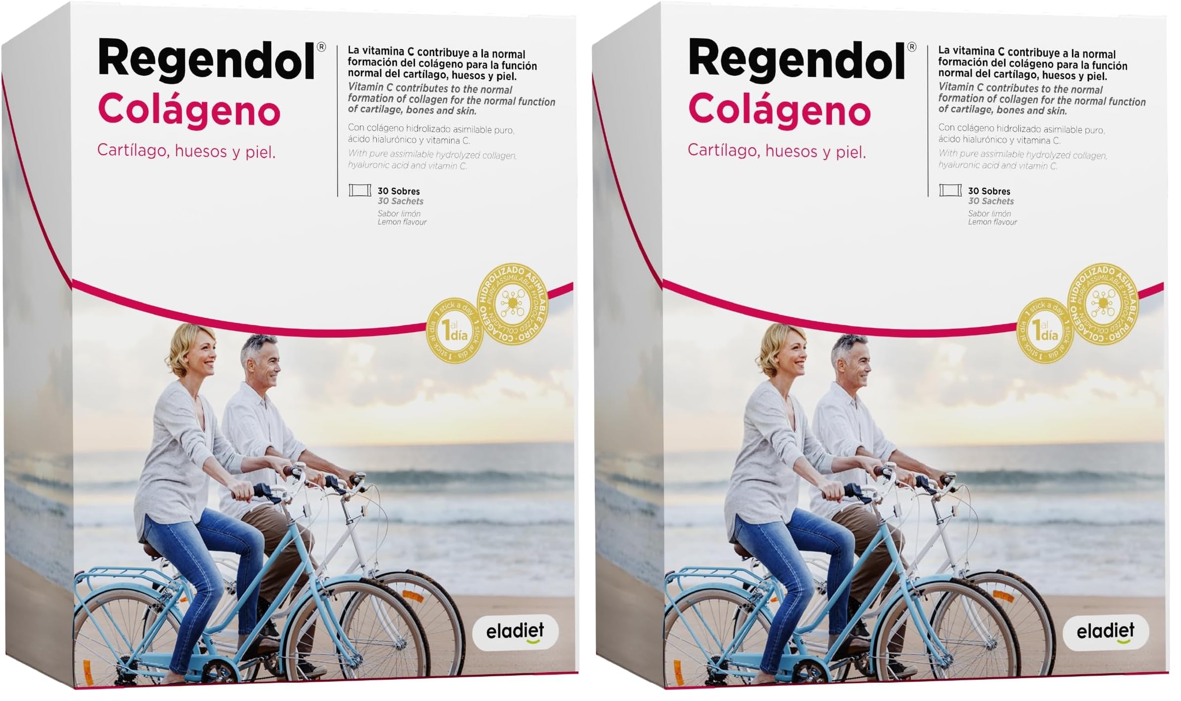 REGENDOL COLÁGENO Hidrolizado Puro [10G ALTA DOSIS Y ABSORCIÓN] con Vitamina C y Ácido Hialurónico - Potente Antioxidante para la Piel - Para Huesos y Articulaciones | 30 sticks ELADIET (Paquete de 2)