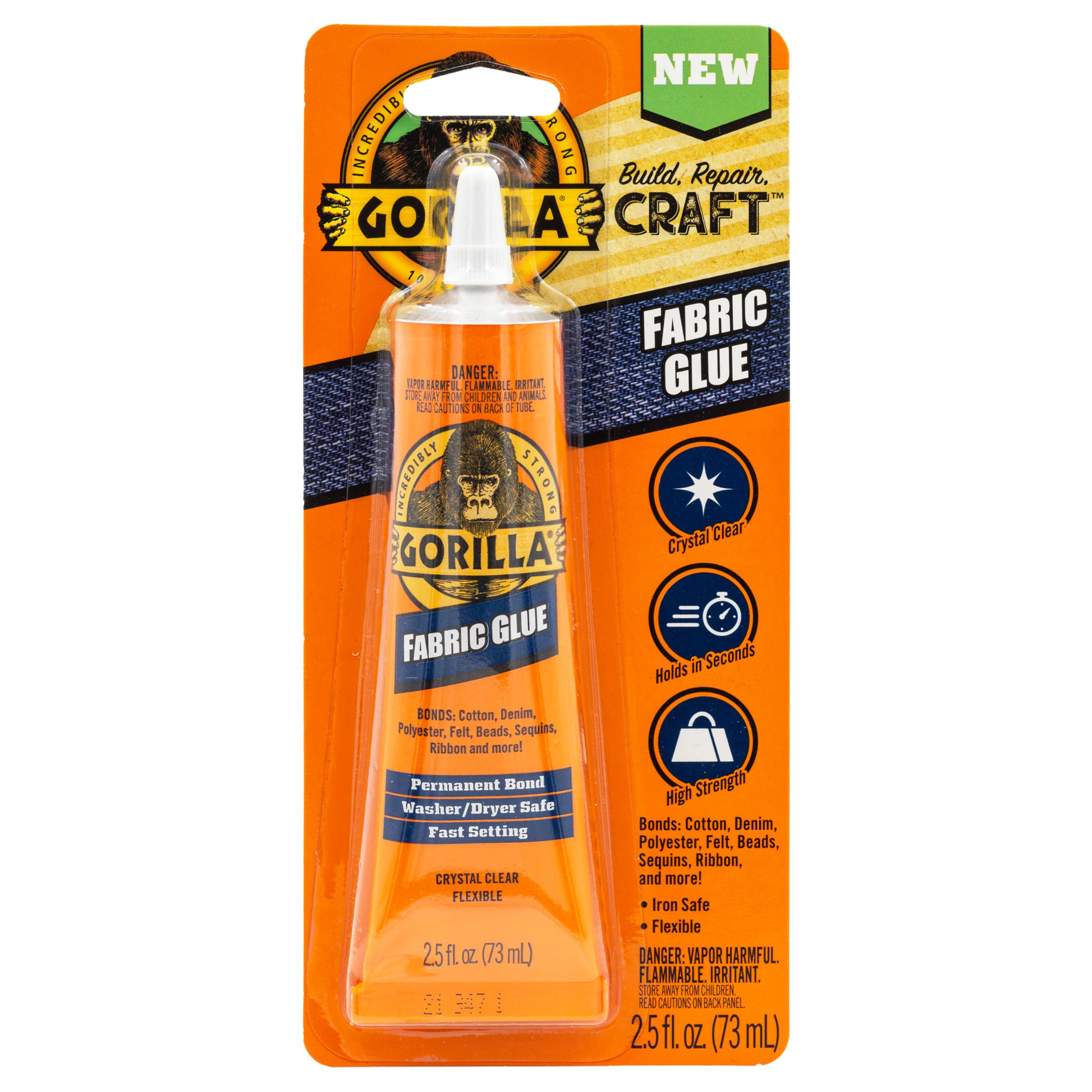 Gorilla Fabric Glue, 100% Waterproof, No Sew Solution, Washer/Dryer Safe, Permanent Bond, 2.5fl oz/73ml, Clear, (Pack of 3))