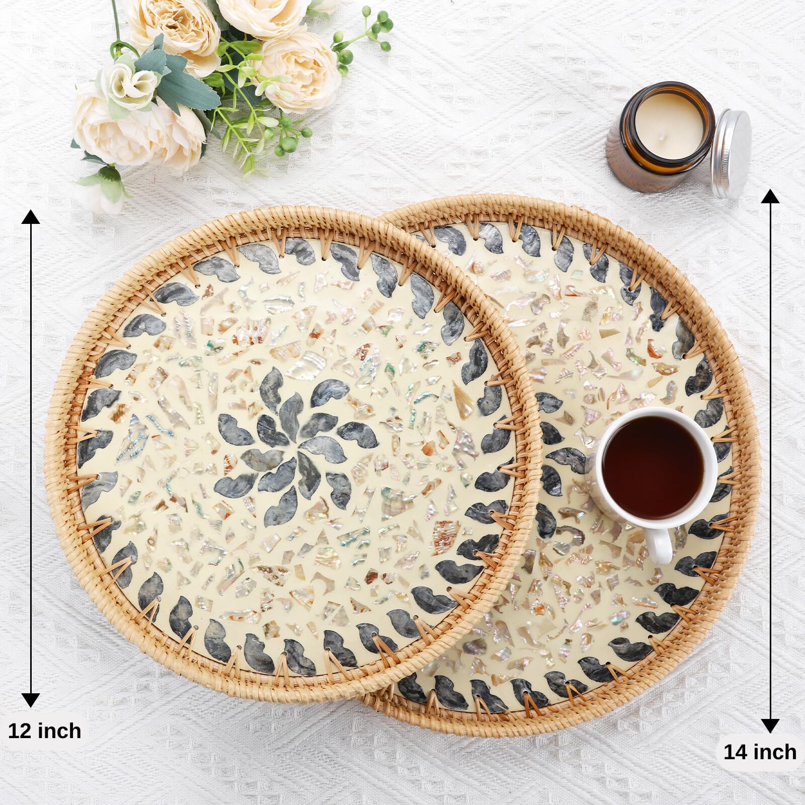 Bandeja de ratán para servir con nácar, bandeja redonda para mesa de café, bandeja redonda de mimbre, bandeja decorativa bohemia, bandeja tejida (flor de la suerte, 11.8 pulgadas)