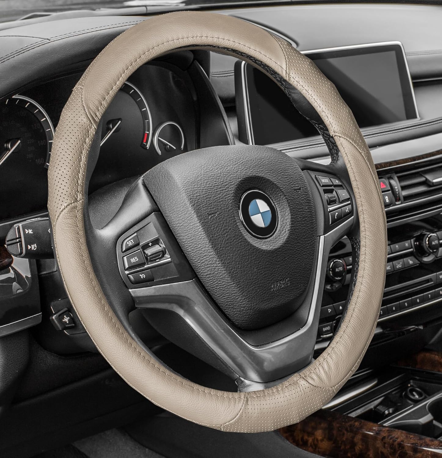 FH Group Universal Fit Perforated Genuine Leather Solid Beige Steering Wheel Cover Fits Most Cars, SUVs