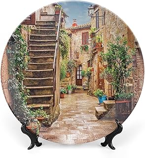 XISUNYA 10 Inch Decorative Plate, Tuscan Dinner Plate, Old Mediterranean Street Stone Rock Houses in Italian City Rural Print Ceramic Wall Hanging for Fine Dining, Dinner Parties, Weddings, Catering