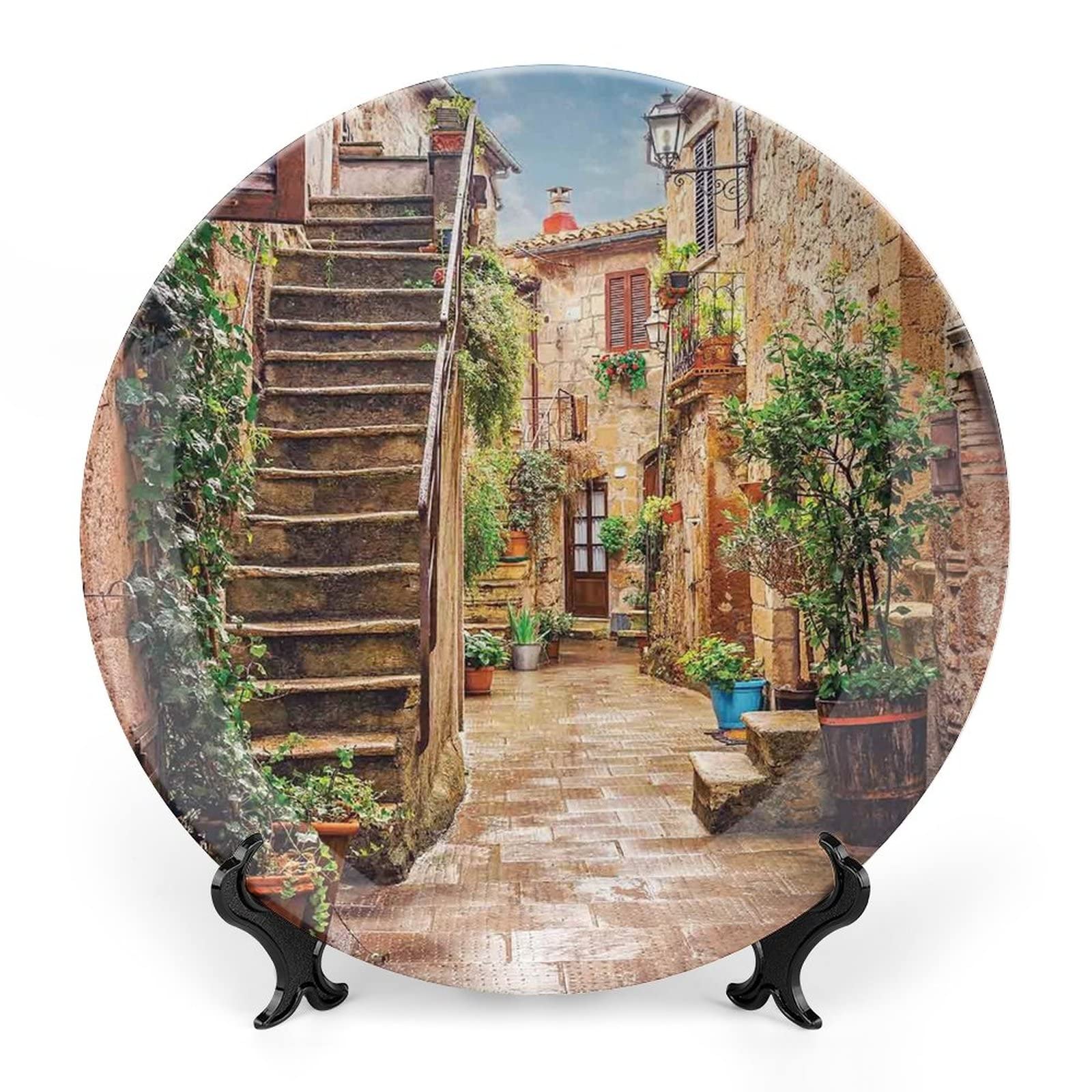 7 Inch Decorative Plate, Tuscan Ceramic Craft, Old Mediterranean Street Stone Rock Houses in Italian City Rural Print Ceramic Wall Hanging Decor