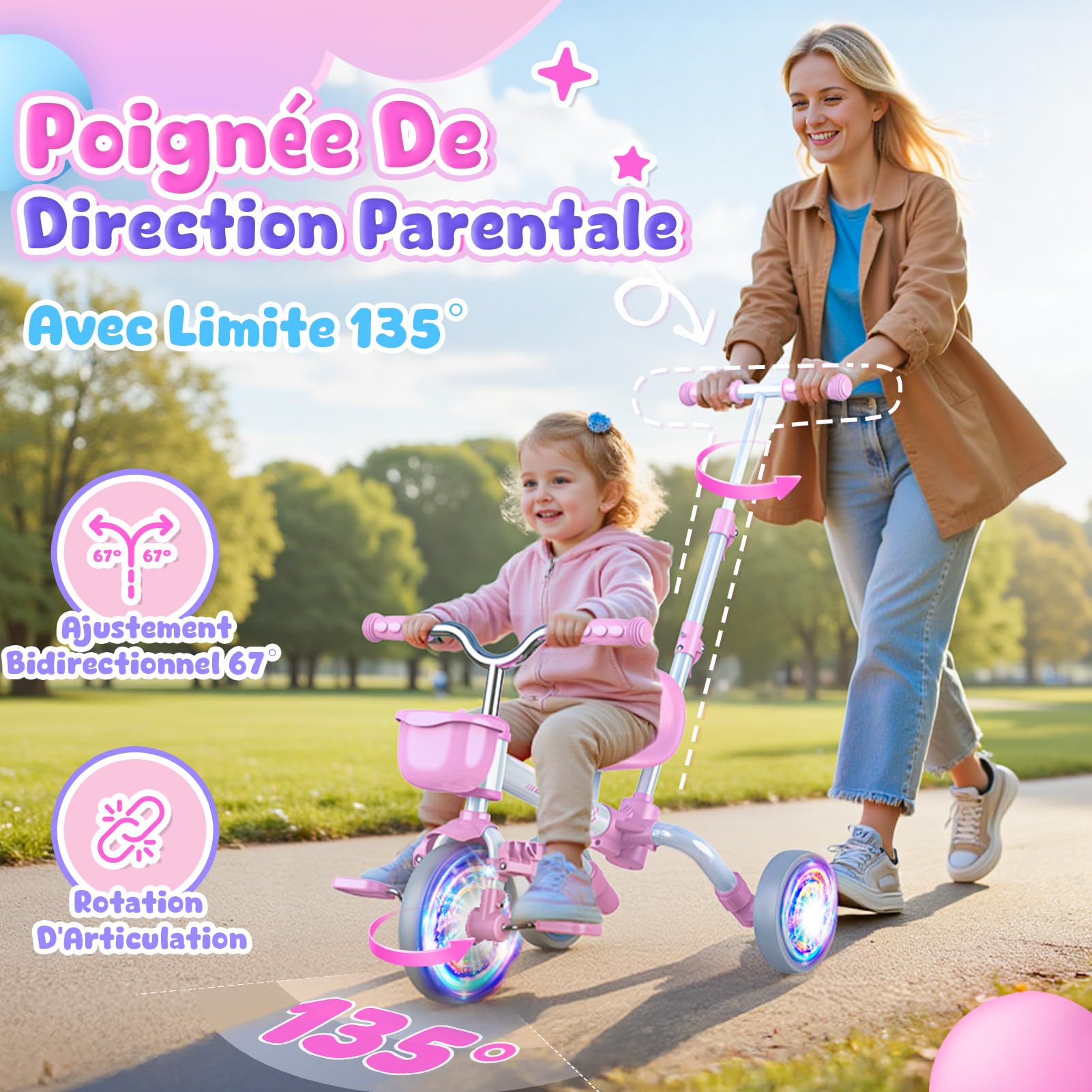 HappyGoLucky 5 en 1 Tricycle évolutif Enfant, Draisienne 1-5 Ans-Roues Lumineuses/Poignée Parentale/Sièges&pédales Réglables