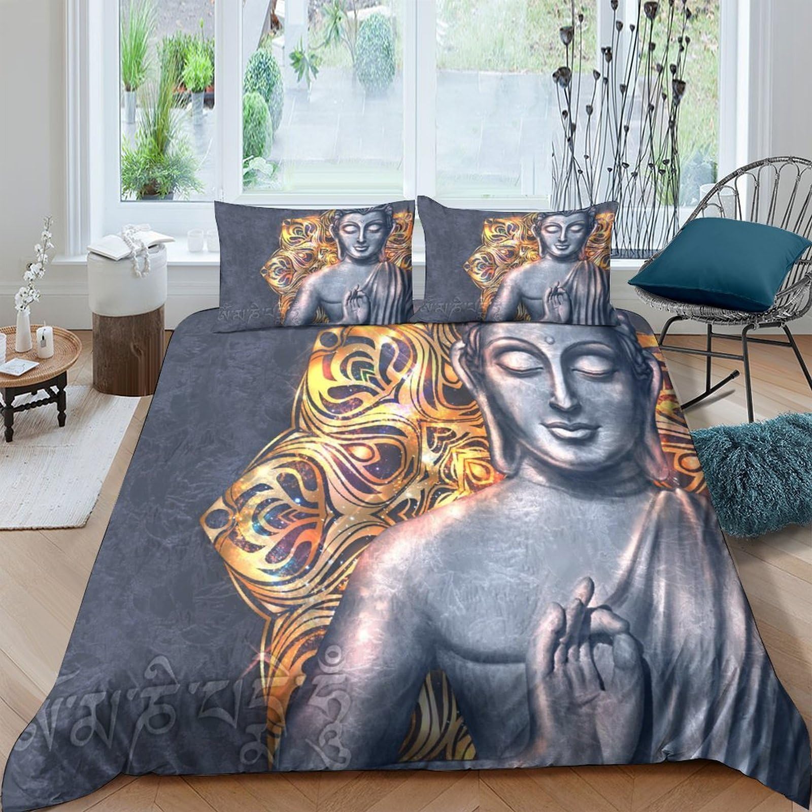 Ctjqhvkz Style-2 3D Printed Buddha Meditation Fitted Sheet Microfiber Soft Grey Gold Art Mattress Cover For Bedroom Guest Room Decor Single（135X200cm）