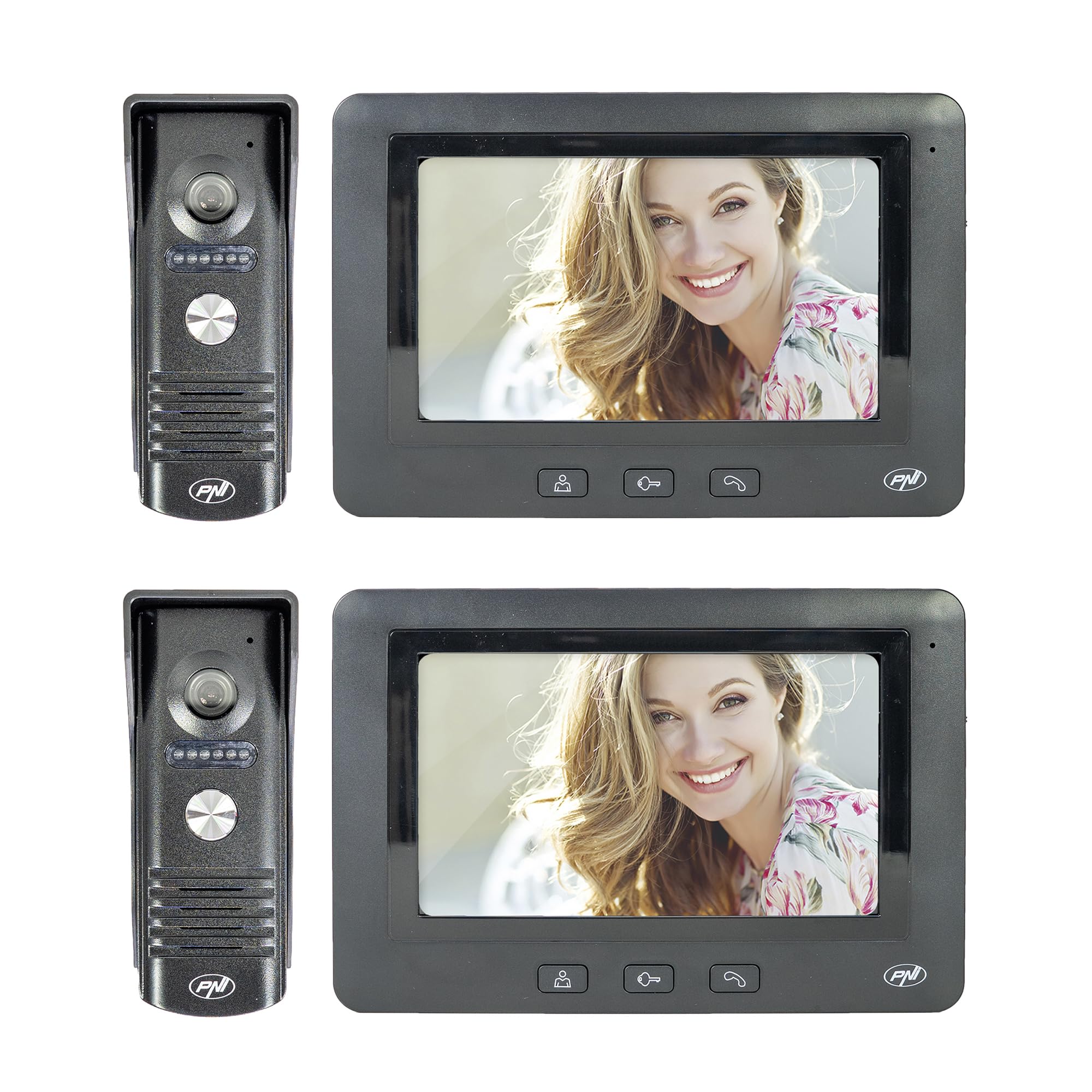 Pack of 2 PNI DF930 video intercom, 7 inch LCD screen, 800x480, electromagnetic yala output, black