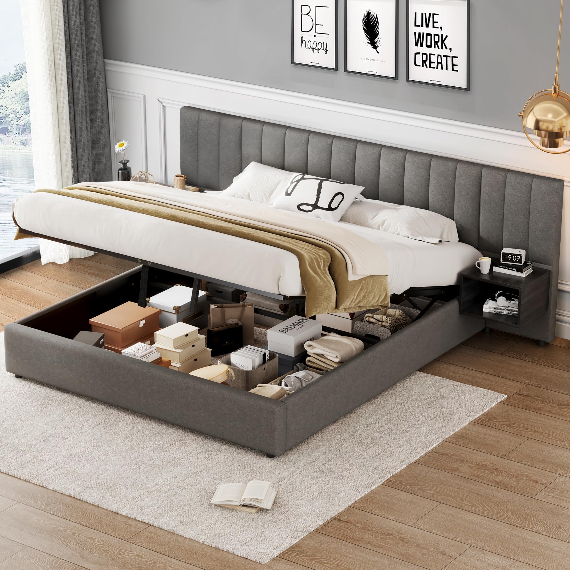 Cama acolchada de 160 x 200 cm, cama hidráulica de patas anchas, cama de matrimonio con dos mesitas de noche con contenedor, somier de láminas de madera, lino, apto para adultos y jóvenes, gris