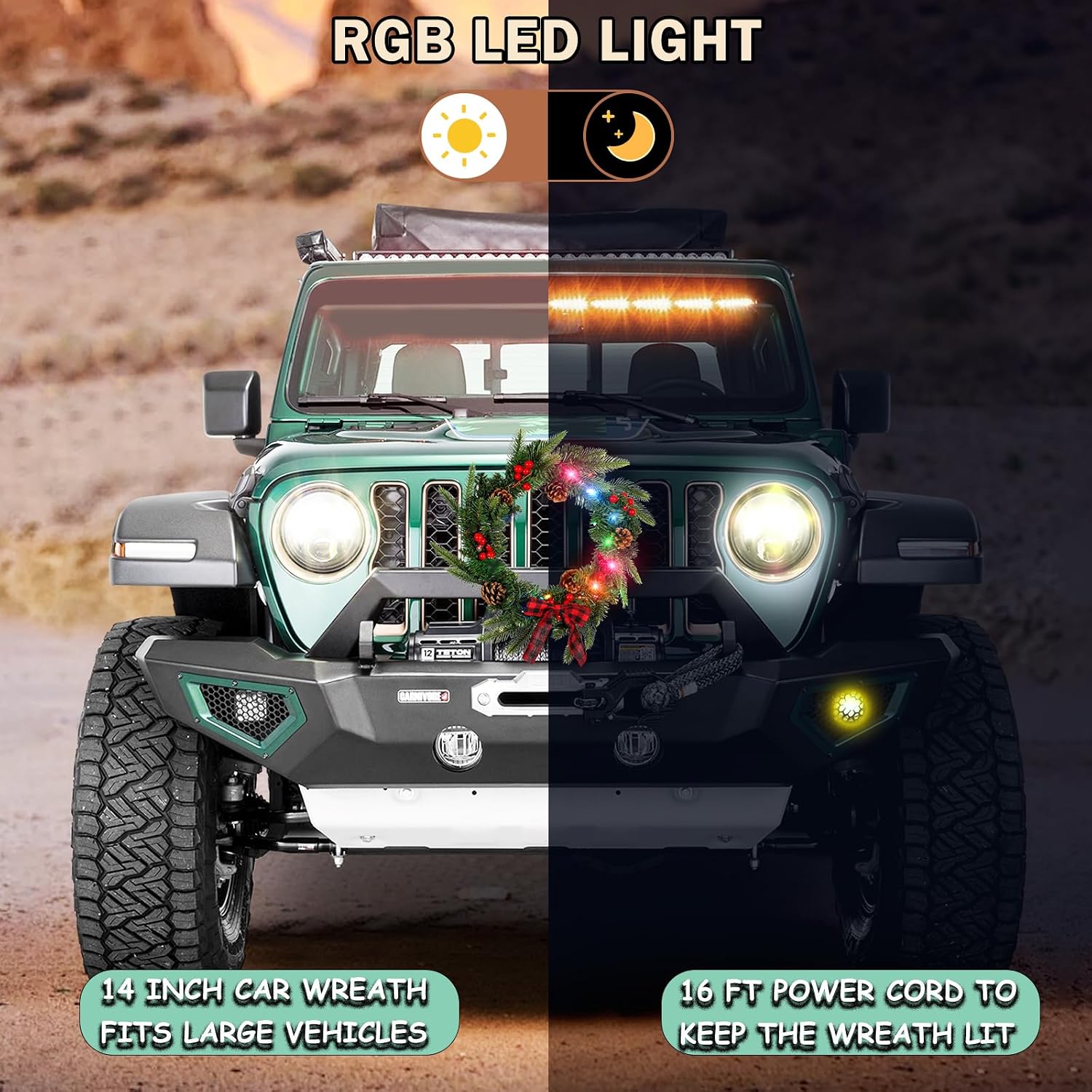 Ovsor 14" LED Light Up Car Wreath - 24 Color Pre-Lit, RGB LED Christmas Wreath for Car Truck SUV Decorations