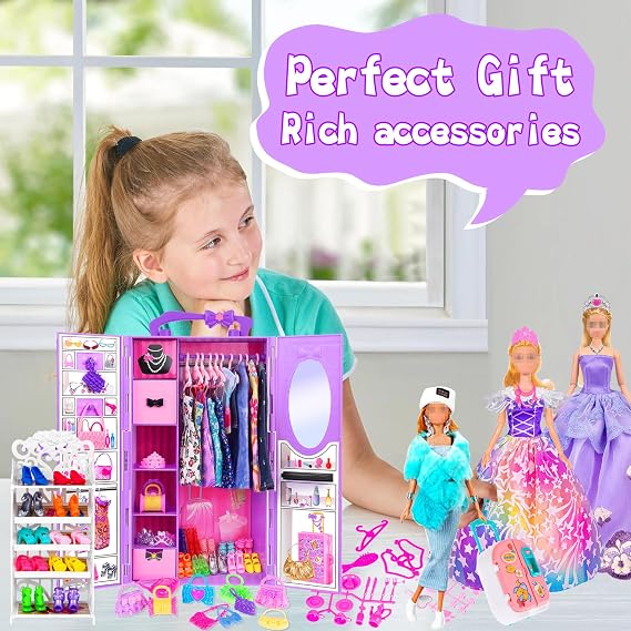 ebuddy 11.5 inch Doll Closet Playset with 106 pcs Clothes and Accessories for Girls 6-12 Including one Doll, Closet, Stylish Blue Set, Luggage, Shoe Rack, Wedding Gowns