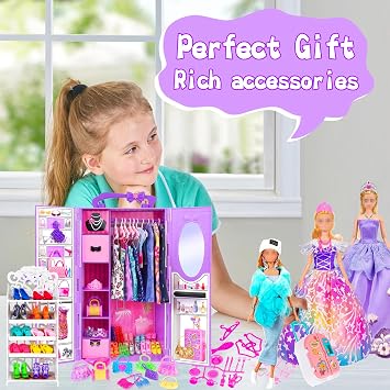 ebuddy 11.5 inch Doll Closet Playset with 106 pcs Clothes and Accessories for Girls 6-12 Including one Doll, Closet, Stylish Blue Set, Luggage, Shoe Rack, Wedding Gowns