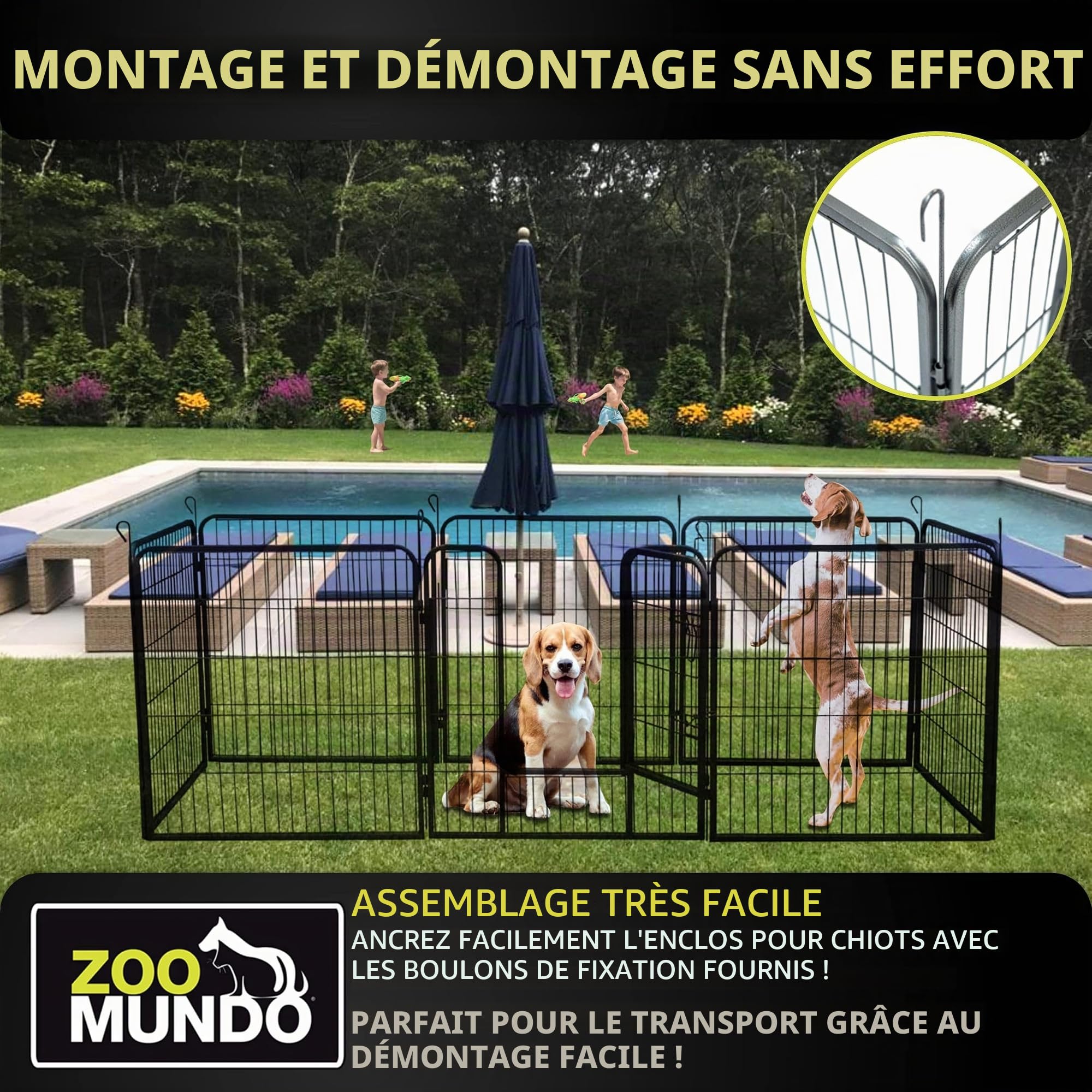 zoomundo Parc Enclos 100cm Haute pour Chiens Métal pour Chiots Animaux Grillage Rongeur Petit avec Porte 8 Panneaux - XL