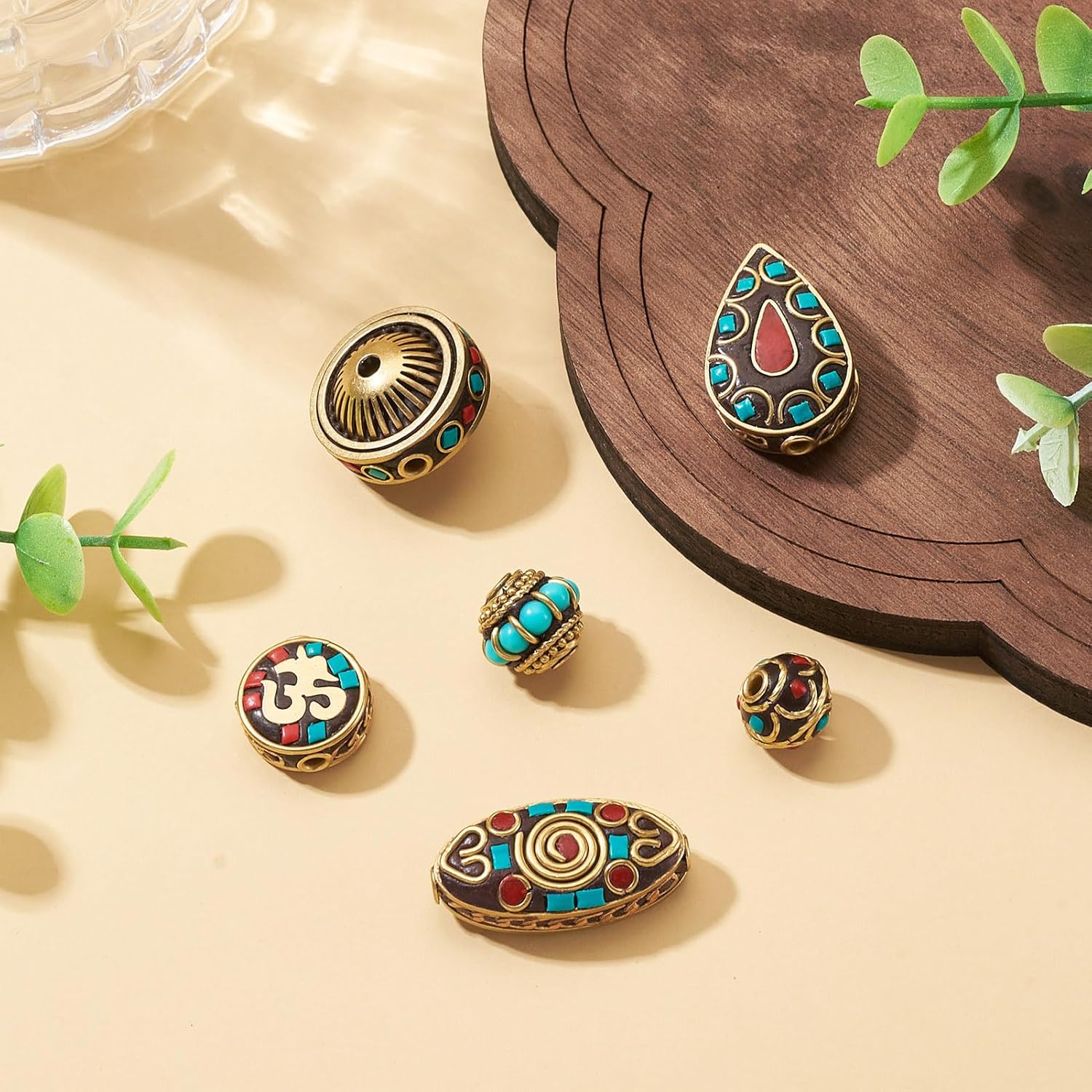 Craftdady 6Pcs Handmade Tibetan Style Beads Handmade Indonesia Spacer Beads Golden Teardrop Rondelle Oval Flat Round Bead with Brass Findings for Earring Necklace Bracelet Jewelry Making - Image 2