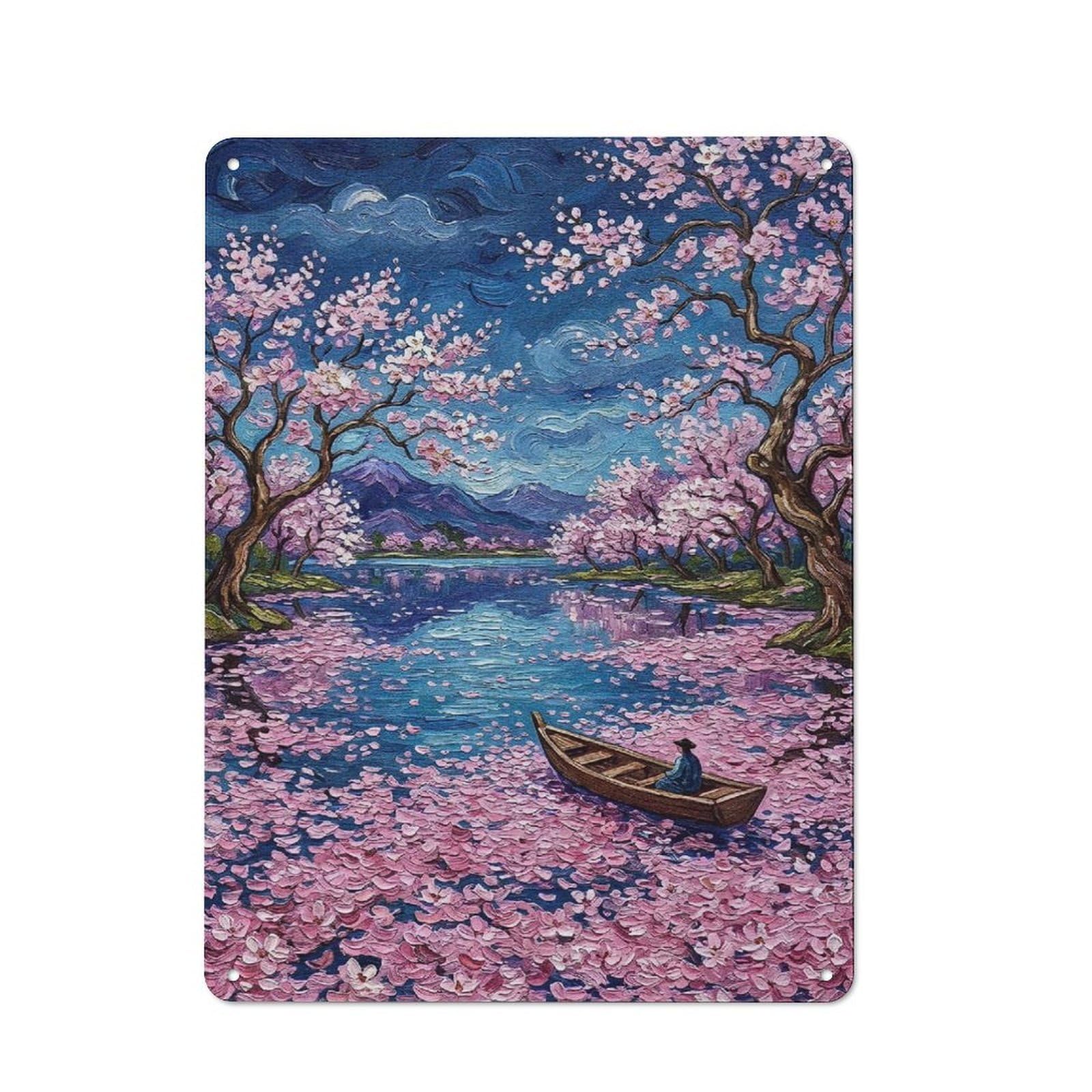 Cherry Blossoms And Boat Painting Warehouse Style Metal Wall Decor 40x30cm, Metal Wall Sign for Workspace, Cafe, Hallway Or Garage