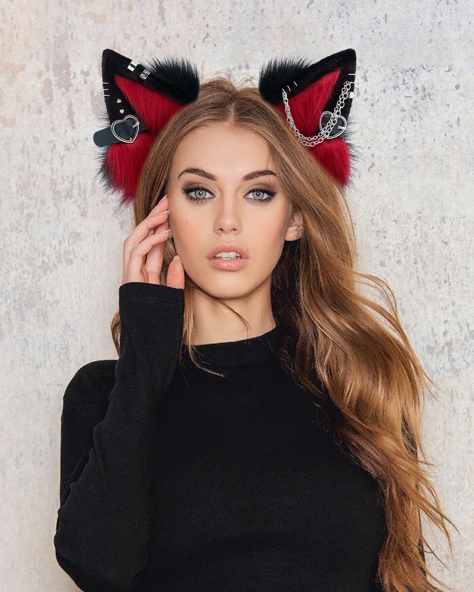 ZFKJERS Handmade Faux Fur Cat Ear Headband with Charms Cosplay Accessory for Halloween (Red Black) - Image 4