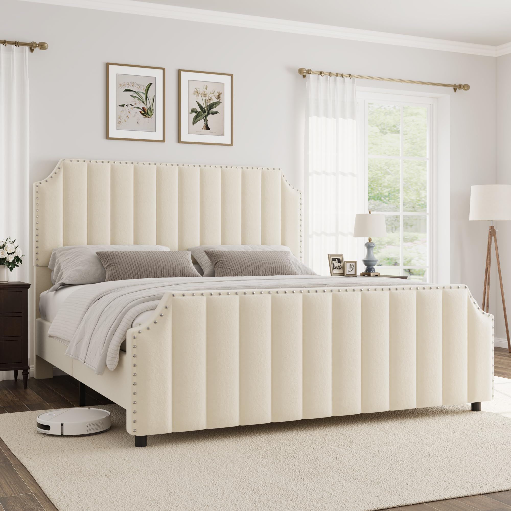 Platform Bed Frame with 50.2" Headboard, Velvet Upholstered Bed Frame Queen with Vertical Channel Tufted Headboard & Footboard, Nailhead Trim, No Box Spring Needed