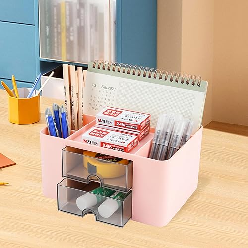 Miniatura 4 de BYCY Organizador de escritorio de oficina con 2 cajones, bonito organizador de accesorios de escritorio, suministros de oficina, soporte de plástico
