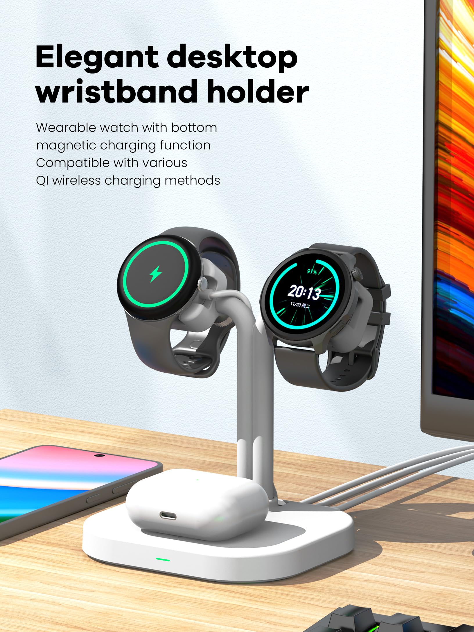 Caricatore universale per orologio doppio 3 in 1, stazione di ricarica wireless intelligente regolabile per Samsung/Google/Amazfit/Fitpolo/GRV/AGPTEK/Fire-Boltt (A22SW-bianco)