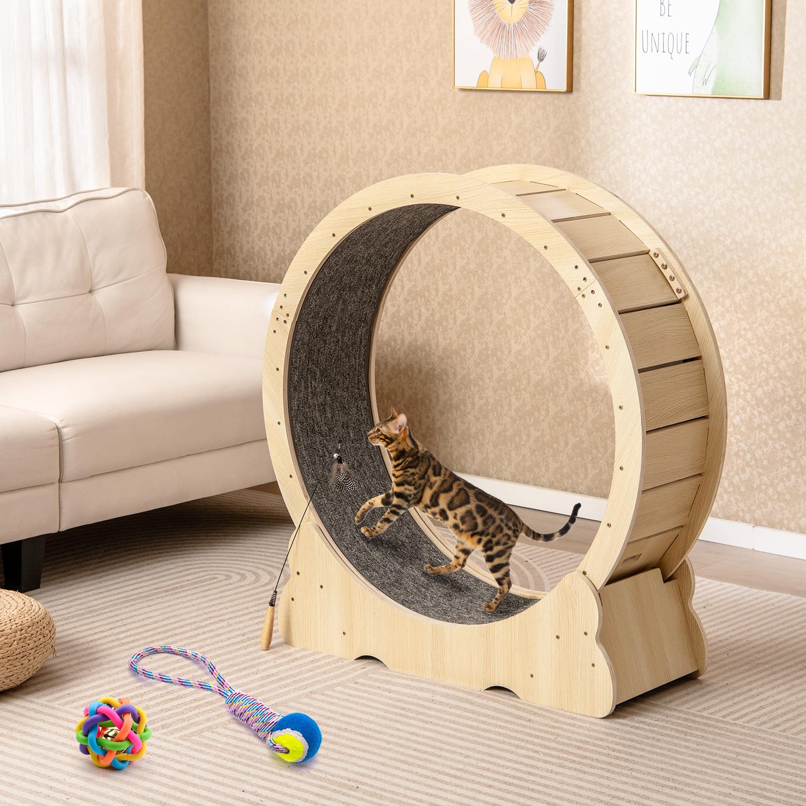 COSTWAY Ruota per Esercizio per Gatti da Interno 101 cm, Tapis Roulant per Gatti con Meccanismo di Blocco, Corsa con Moquette Rimovibile, Ruota di Allenamento in Legno a Rumore Ultra Basso