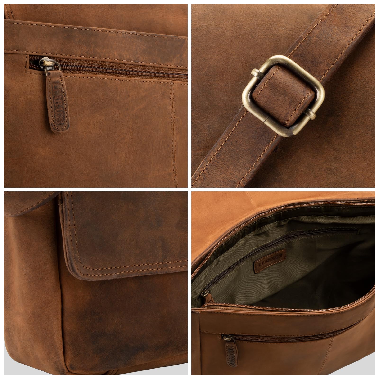 LEABAGS Leder Umhängetasche Herren & Damen I Echtleder Laptoptasche bis 14 Zoll I Messenger Bag mit Schultergurt I Schultertasche I Arbeitstasche I Tragetasche I Handtasche