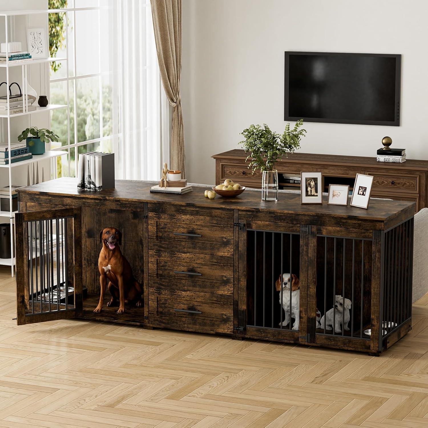 OUYESSIR 94.5\\\" Large Dog Crate Furniture for 2 Dogs, Double Indoor Dog Kennel Furniture with 3 Drawers & 4 Dog Bowls, Wooden Heavy Duty Dog Cage Furniture Style TV Stand/Table/House, Brown
SIMILAR NOT THE ACTUAL ITEM 
\nINCOMPLETE 