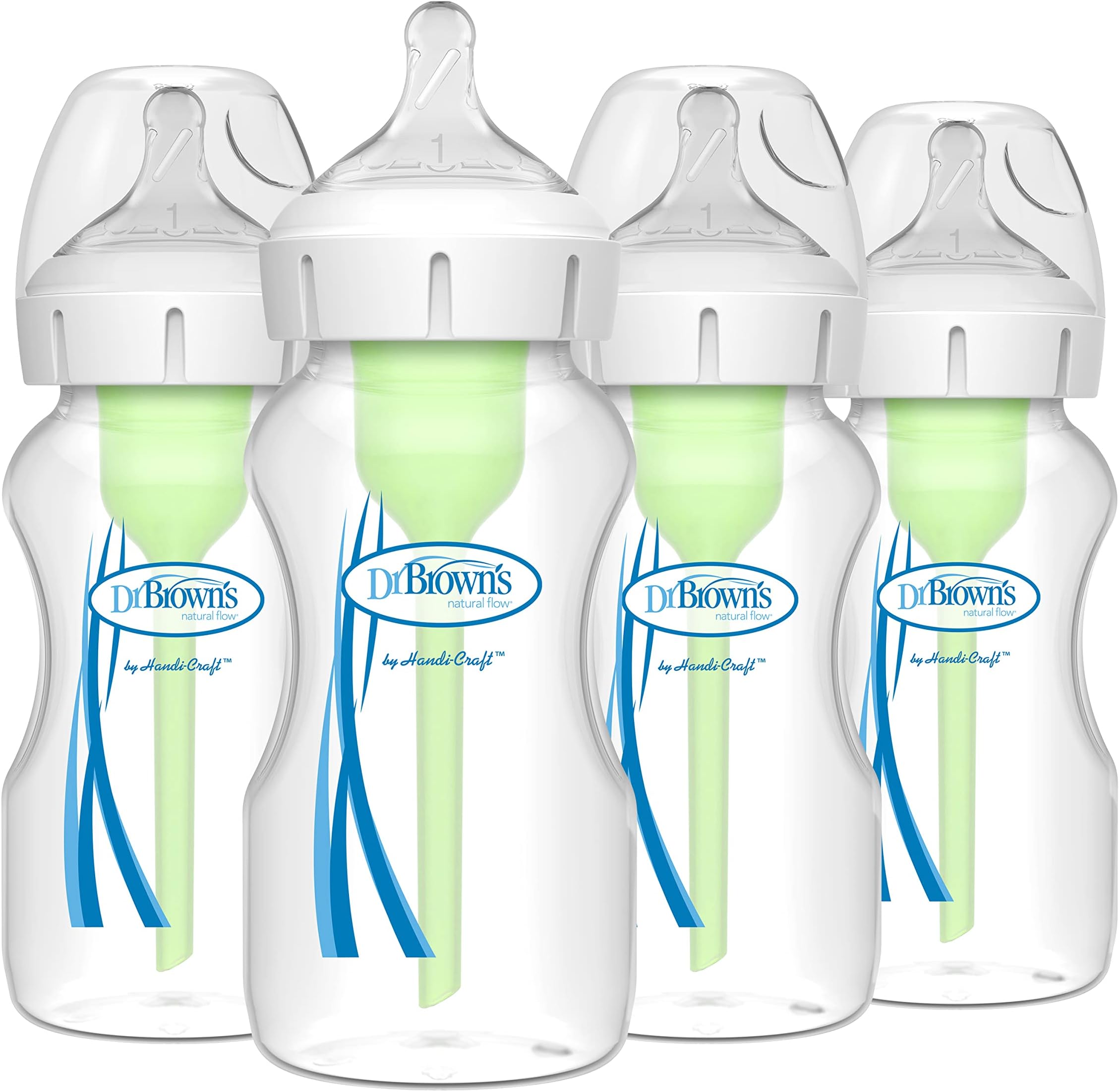 Dr. Brown's Natural Flow Anti-Colic Options+ Wide-Neck Baby Bottles 9 oz/270 mL, with Level 1 Slow Flow Nipple, 4 Pack, 0m+