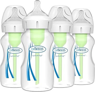 Dr. Brown’s Natural Flow Anti-Colic Options+ Wide-Neck Baby Bottles 9 oz/270 mL, with Level 1 Slow Flow Nipple, 4 Pack, 0m+