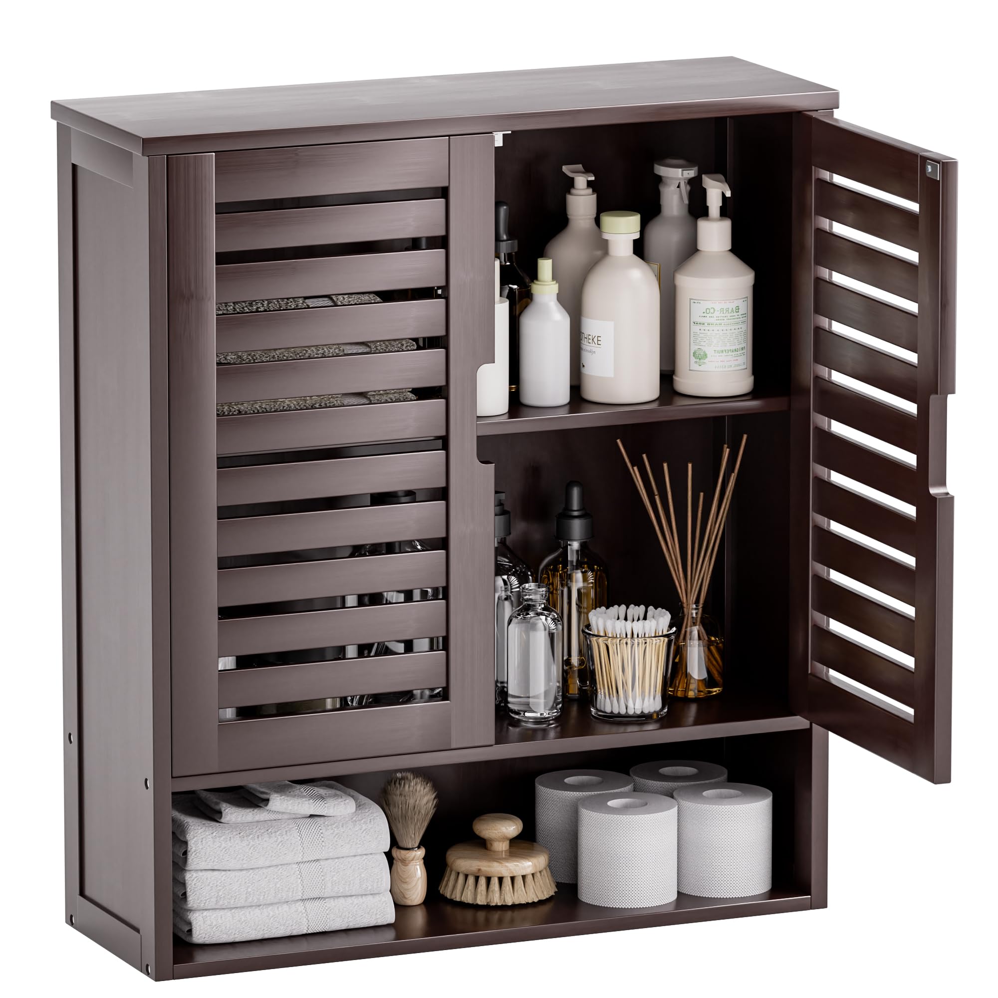 SMIBUY Bathroom Cabinet Wall Mounted, Bamboo Over-The-Toilet Storage Organizer, Space Saver Medicine Cabinet with 2 Door and Adjustable Shelves (Brown)