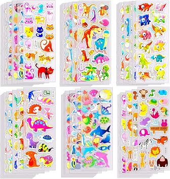 OWill 40 Shees of 1000 Children Reward Stickers 3D Stickers Sheets Puffy Stickers for Todders Rewarding Gifts Scrapbooking Party Billers بما في ذلك الحيوانات والديناصورات والأرقام والفواكه والنجوم