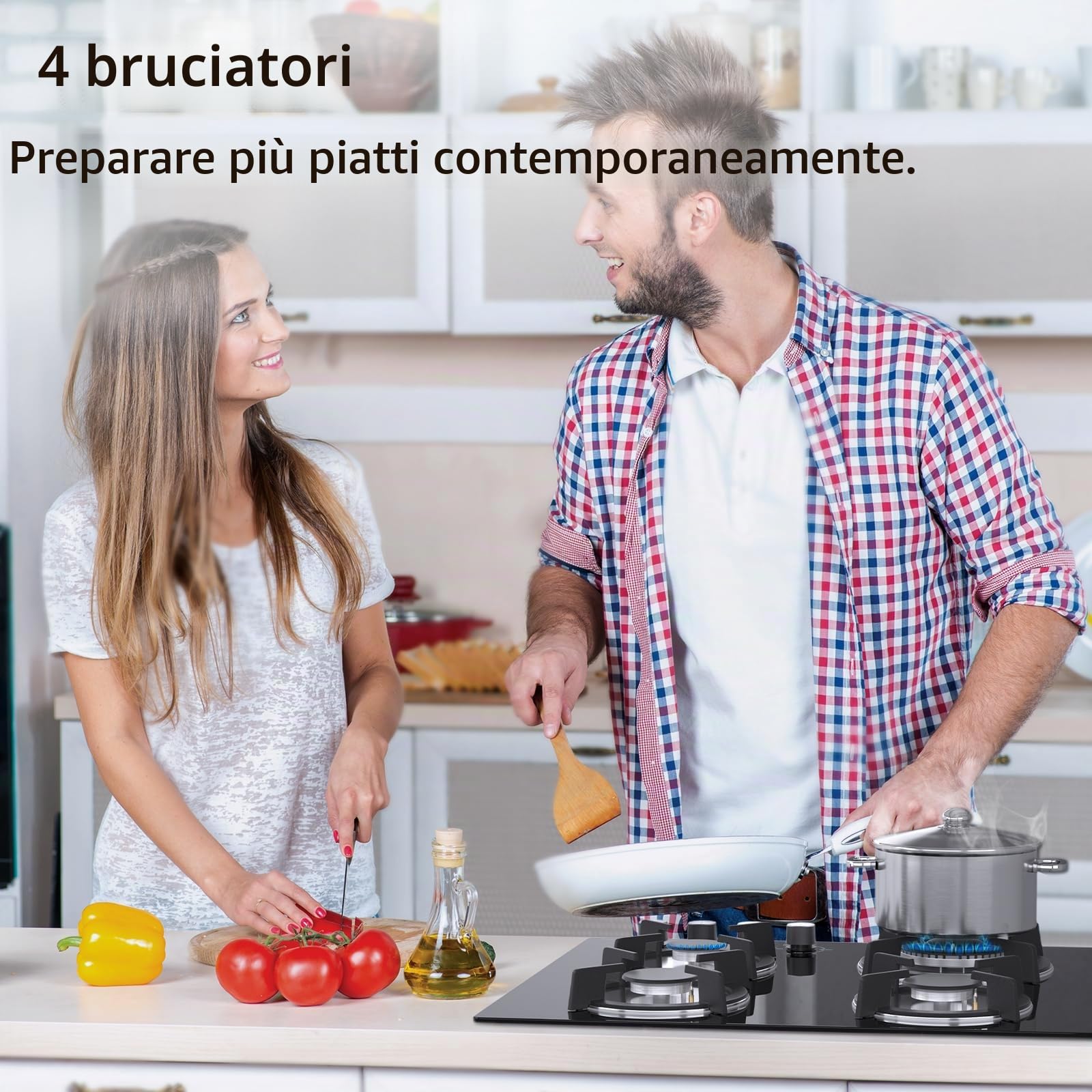 IsEasy Piano Cottura a Gas 4 Fuochi, Vetro con Protezione Termica Automatica, Gas Naturale e Propano, Gas on Glass 60cm da Incasso