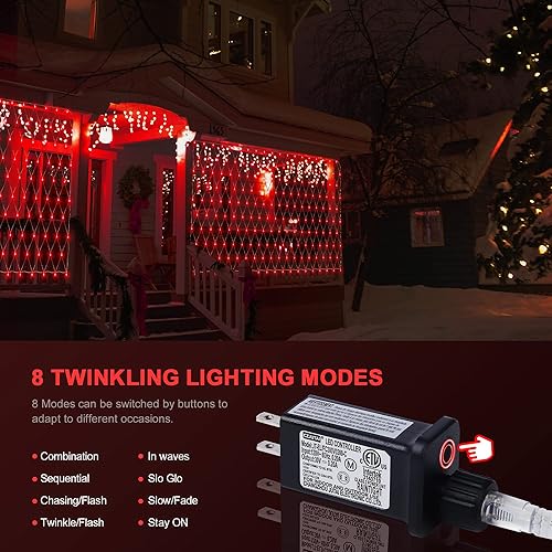 Miniatura 3 de woohaha Luces de red de Navidad para exteriores, 9.8 x 6.6 pies, 192 luces LED con 8 modos de iluminación, luz conectable para Halloween, Navidad,