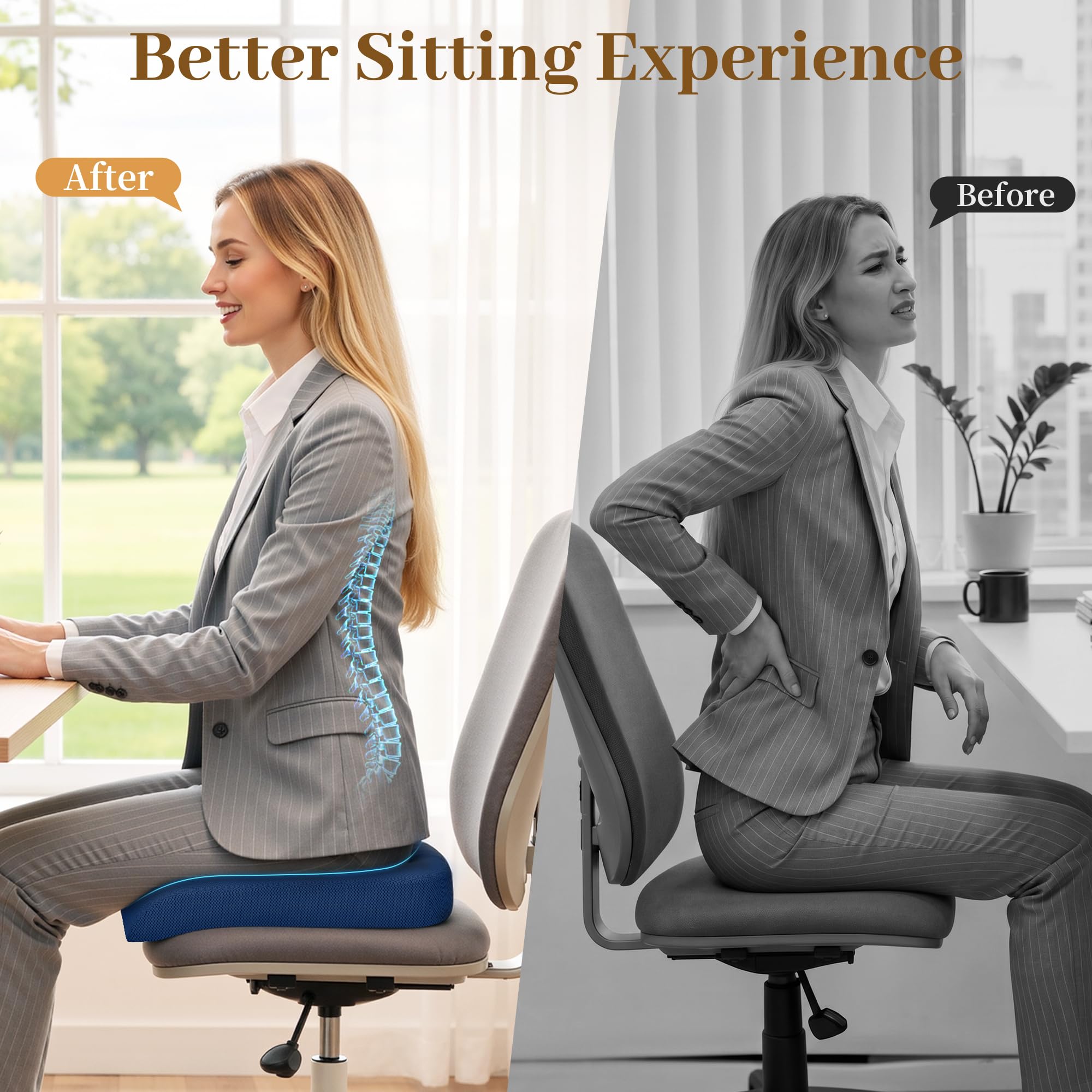 TranquilRelax Grande cuscino da seduta, in memory foam, per lunghe ore di seduta su sedia da ufficio, casa e auto, antiscivolo, per alleviare il dolore alla schiena, alla sciatica, all'anca e al