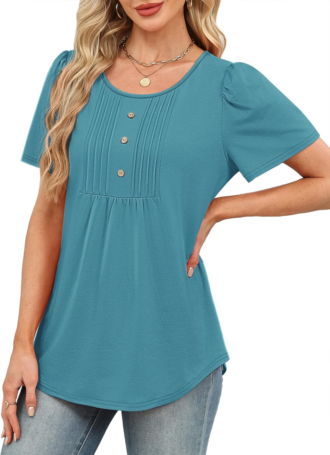 Womens Tops Dressy Casual Blouses Short Sleeve Shirts Plus Size Fashion Clothing Spring Summer Outfits Button Pleated Front - Image 4