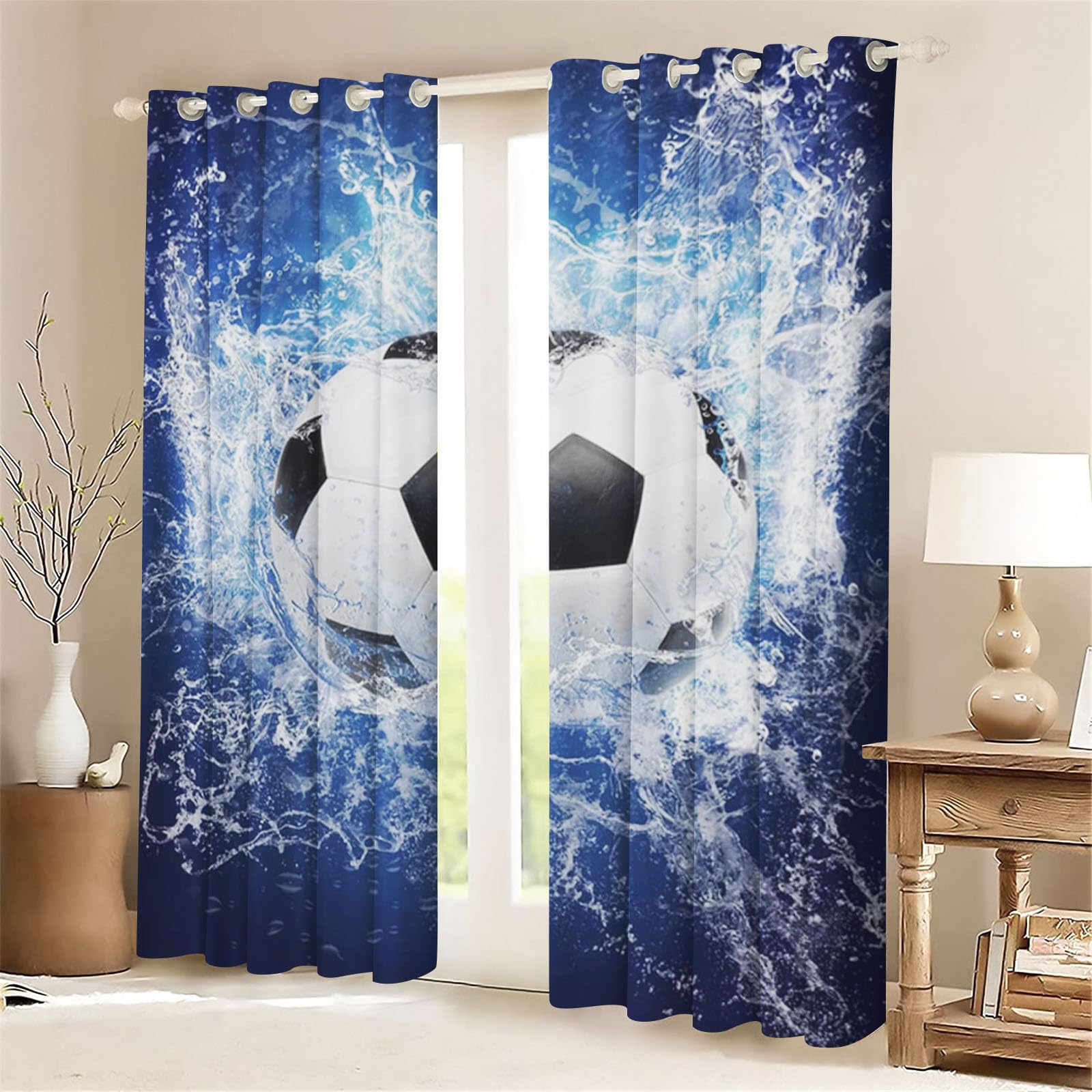 CHEFFS Fußball Gardinen Verdunklungsgardine Ösen Für Schlafzimmer, Fußball Vorhänge Blickdicht Verdunkelungsvorhang Fußball Für Kinderzimmer (1,150 x 166cm(2X75X166cm))