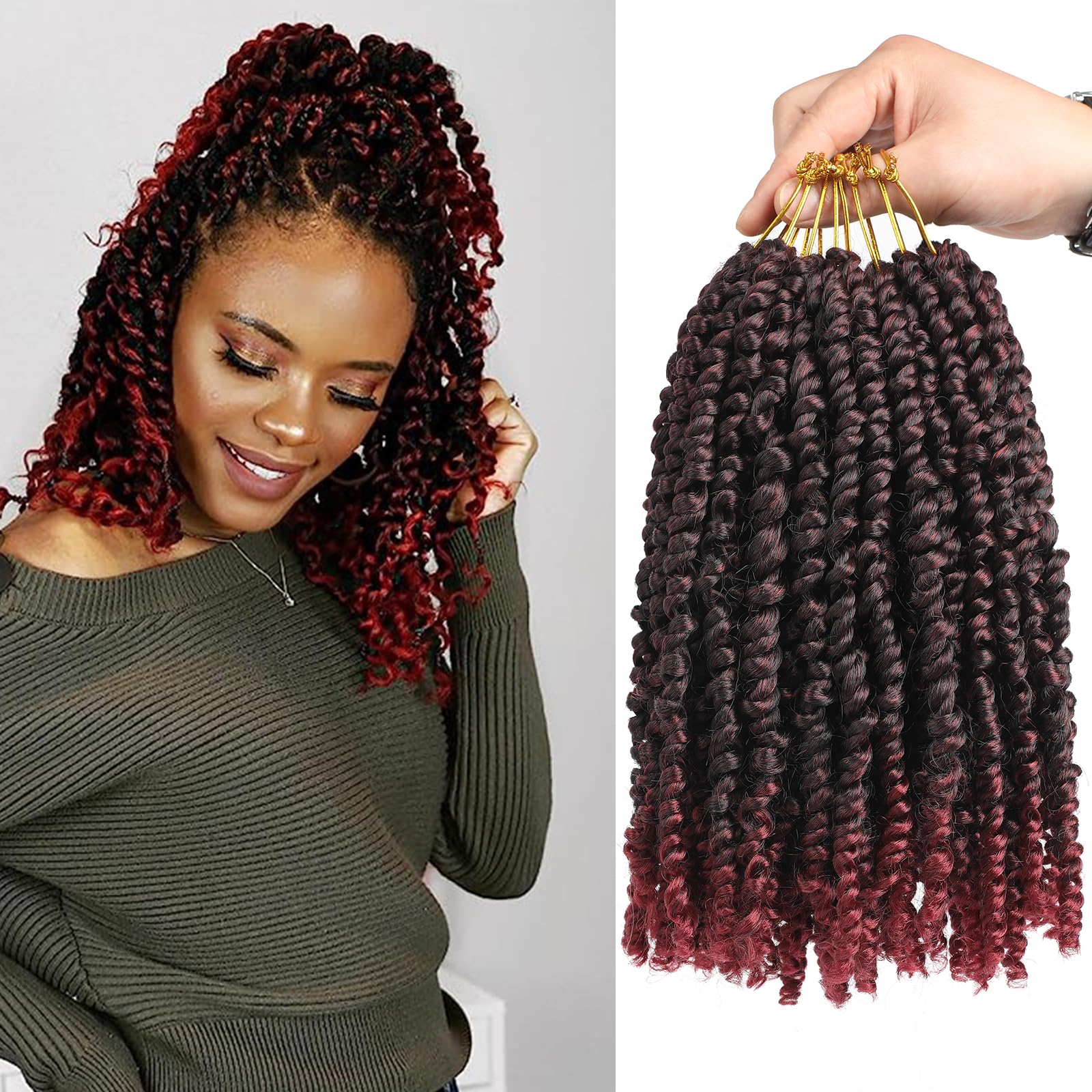 Pre-twisted Ombre Burgundy Passion Twist Hair 10 Inch 8 Packs Short Passion Twist Crochet Hair Bohemian Pre Looped Crochet Braids for Black Women Kids