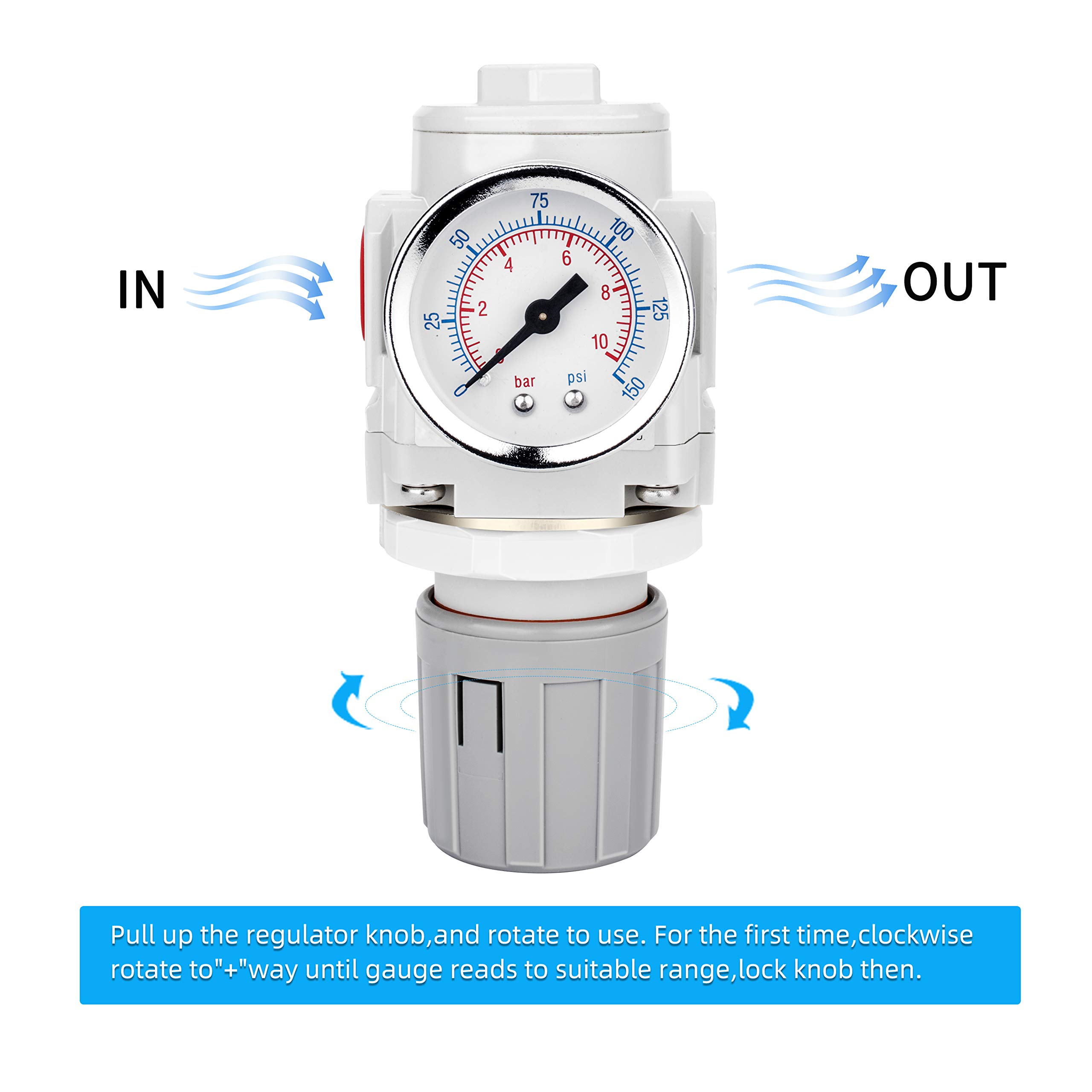 NANPU 3/8" BSP Druckluftdruckregler - 10 bar Manometer, für Luftkompressoren und Druckluftwerkzeuge