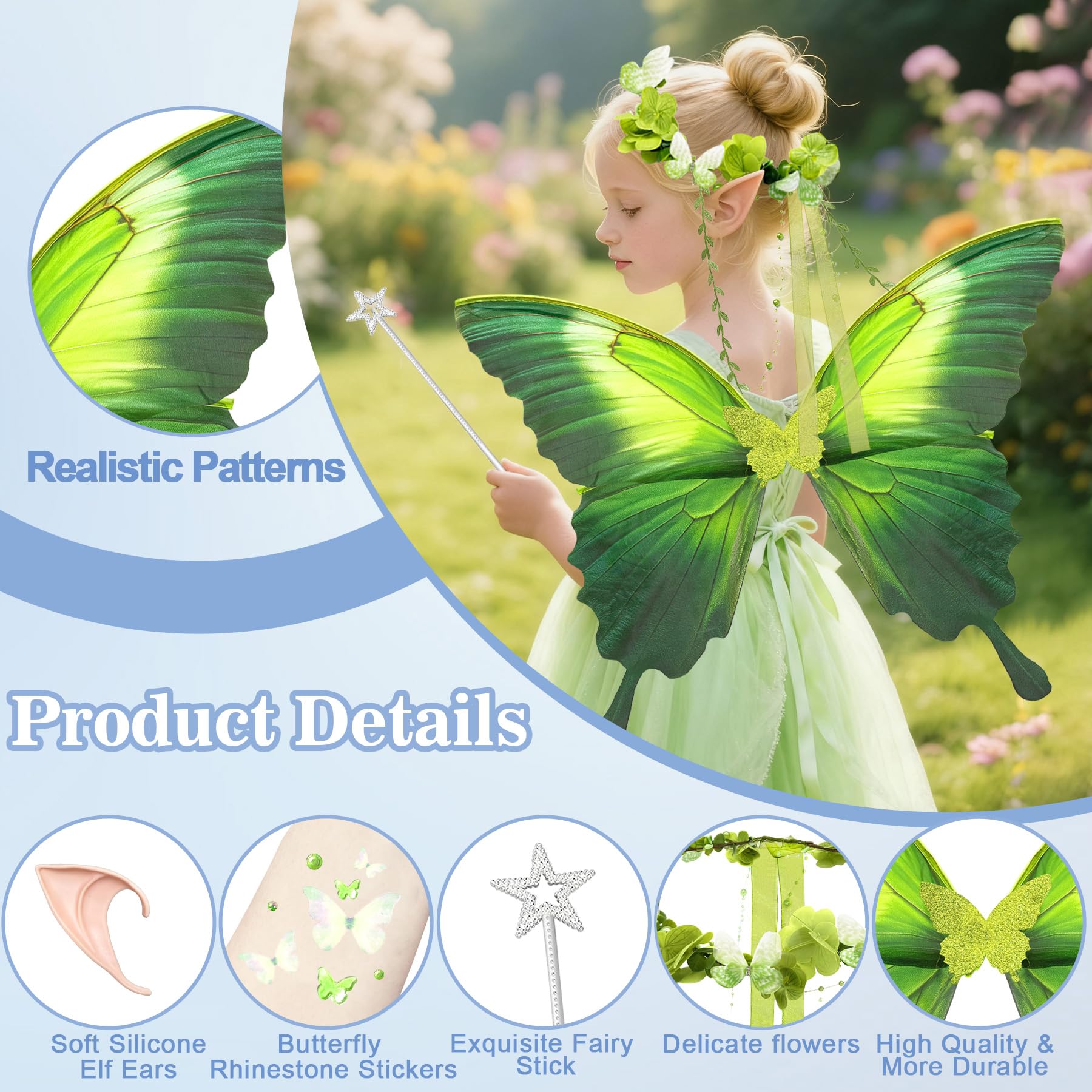 TZEKING Ailes de Fée Enfant et Adulte, Ailes de Papillon avec Oreilles d'Elfe, Bandeau de Fée et Baguettes de Étoile, Costume d'Aile pour Carnaval, Halloween, Cosplay, Anniversaire