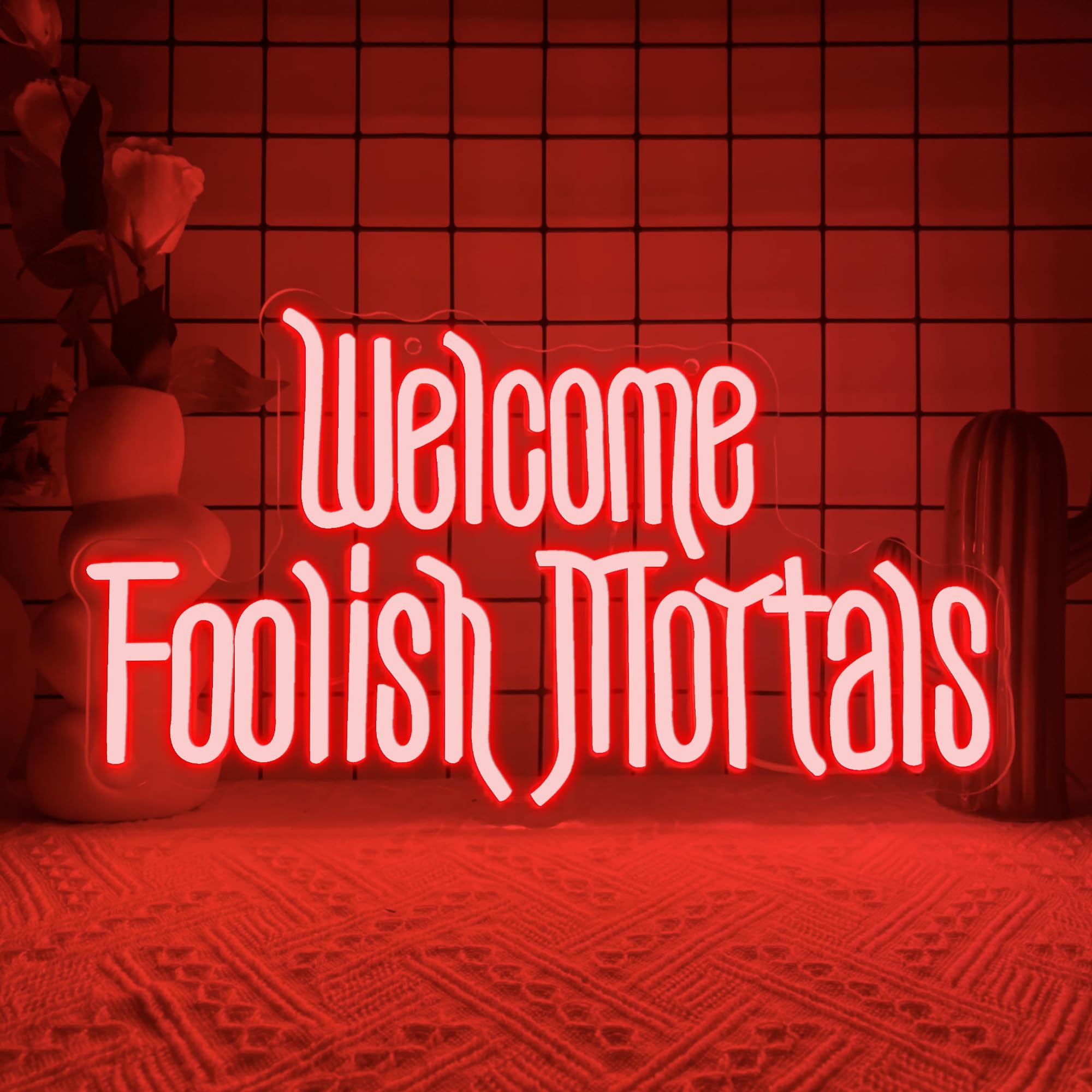Insegna al neon Welcome Foolish Mortals, insegna al neon a LED con bara