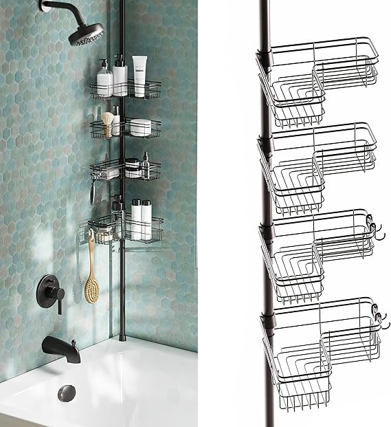 Zenna Home Shower Tension Pole Caddy, Bronze, 4 Cornerhugging Baskets
