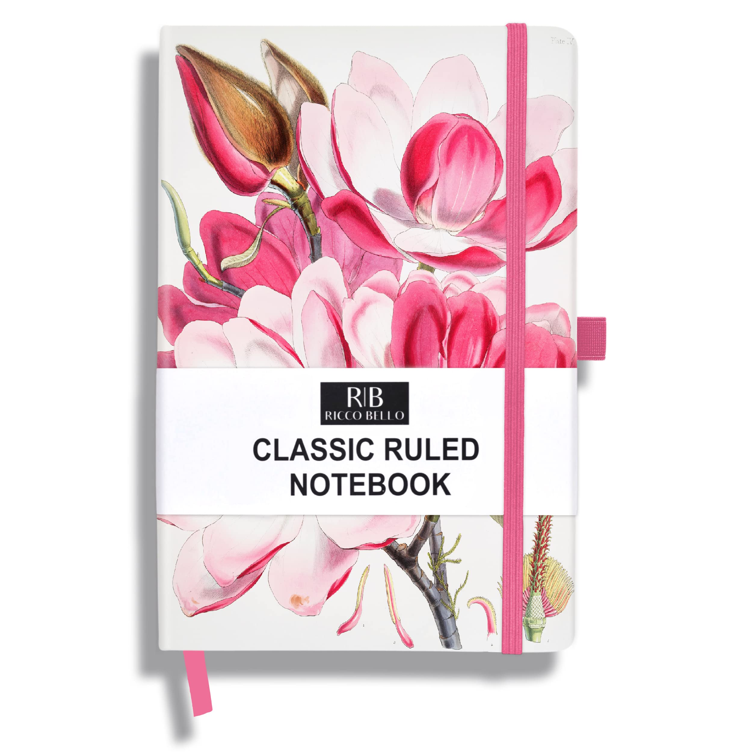 RICCO BELLO Lined Journal Notebook with Pen Holder, Hardcover, College Ruled, for Work, Notes | 96 Sheets /192 Lined Pages, 5.7 x 8.4-Inches (Pink